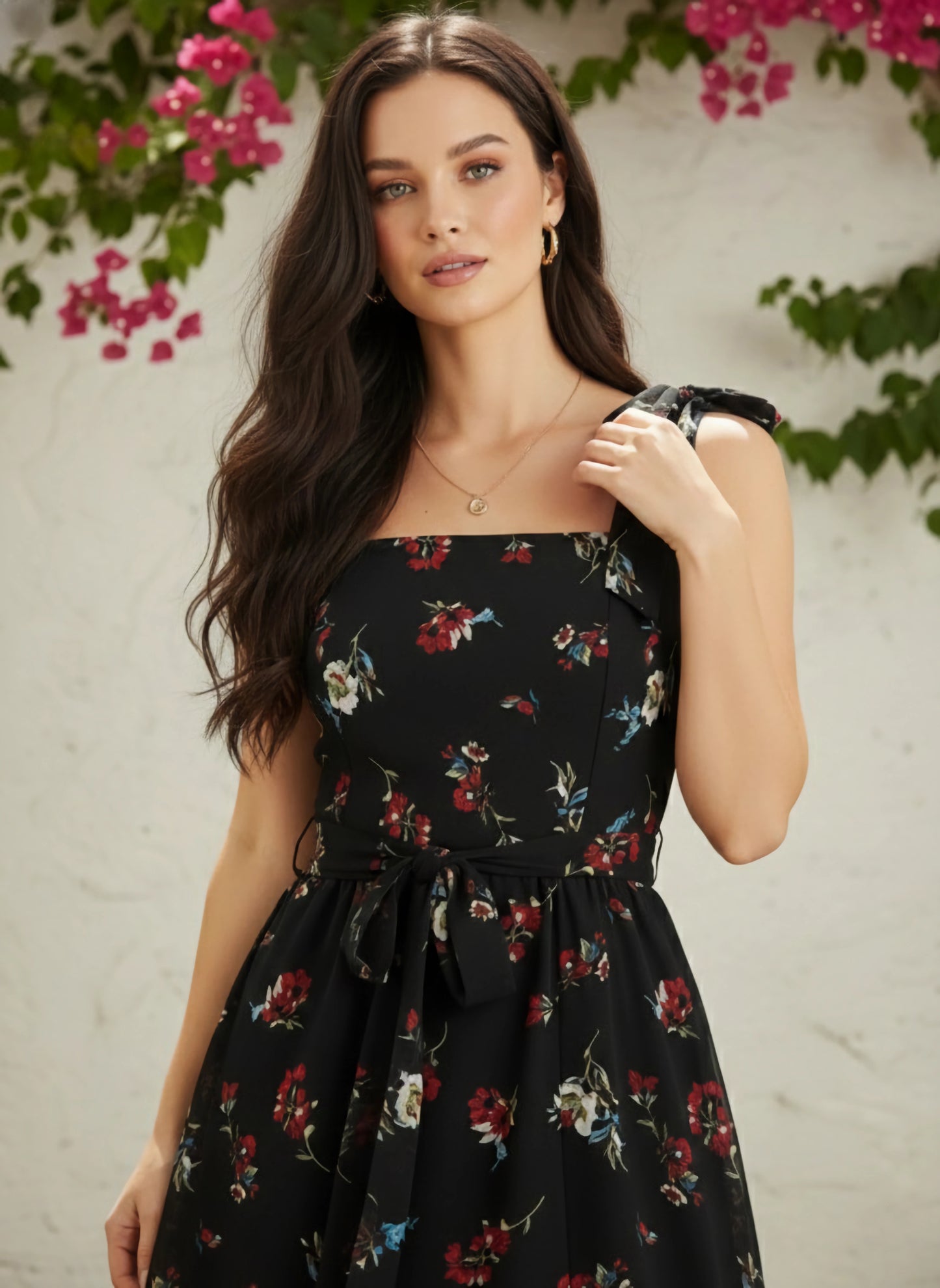 Berrylush Women Black, Red, & White Floral Printed Square Neck Waist Tie-Up Cutout Georgette Thigh-High Slit Flared A-Line Maxi Dress