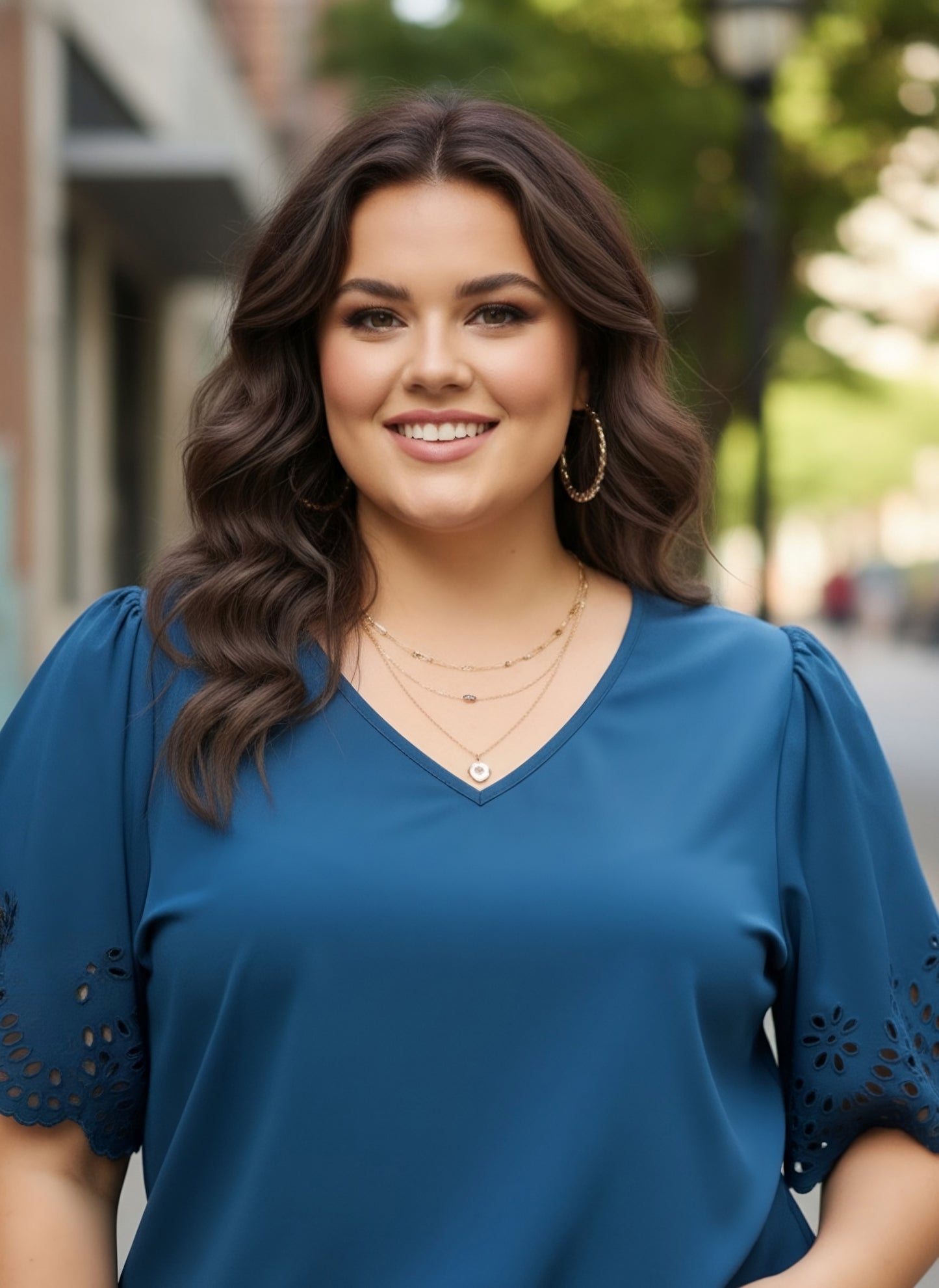 Berrylush Women Plus Size Solid Blue V-Neck Cutout Sleeve Crepe Regular Top