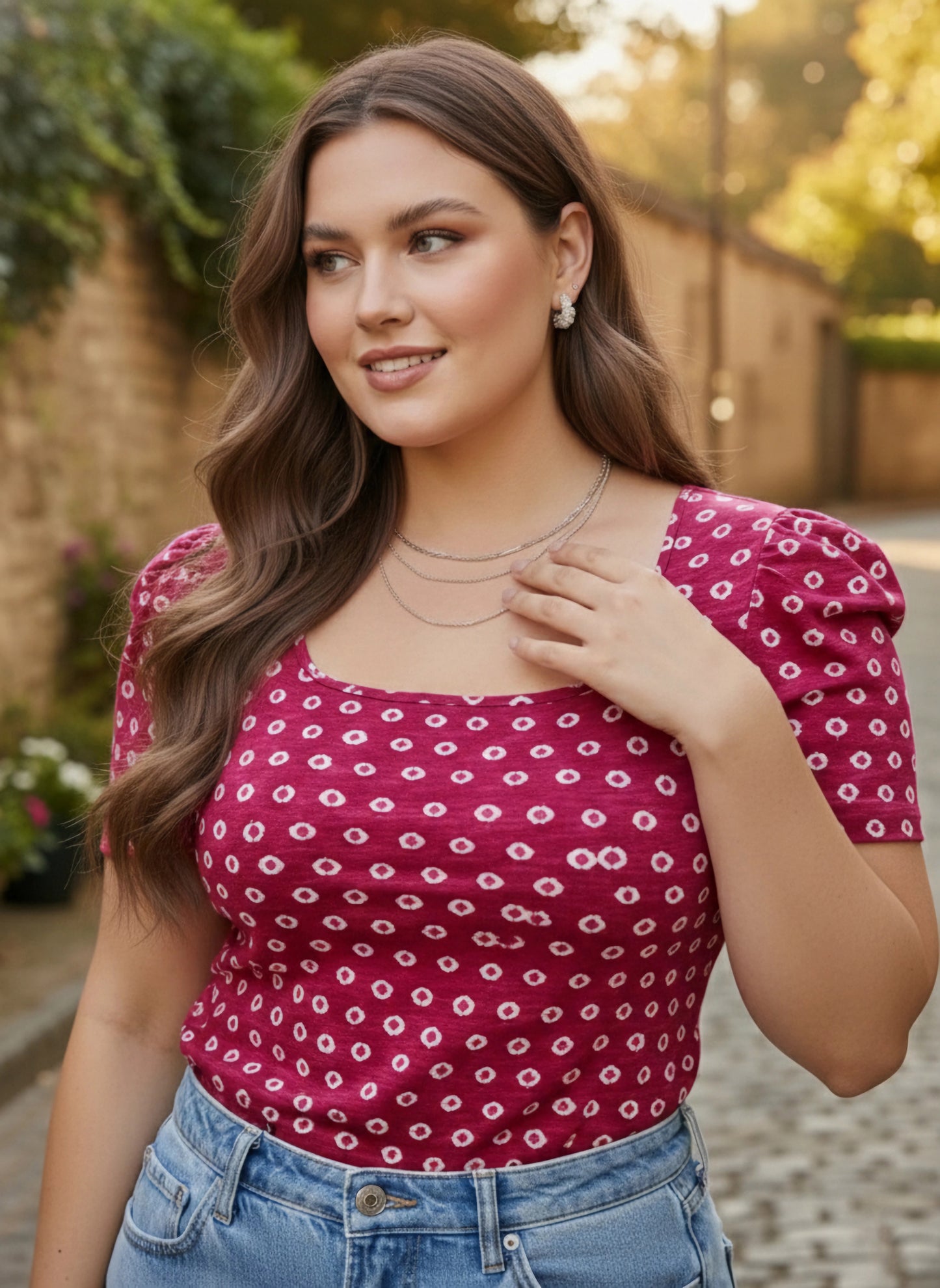 Curve Pink & White Conversational Printed Square Neck Puff Sleeves Cotton Slip-On Knitted Regular Top
