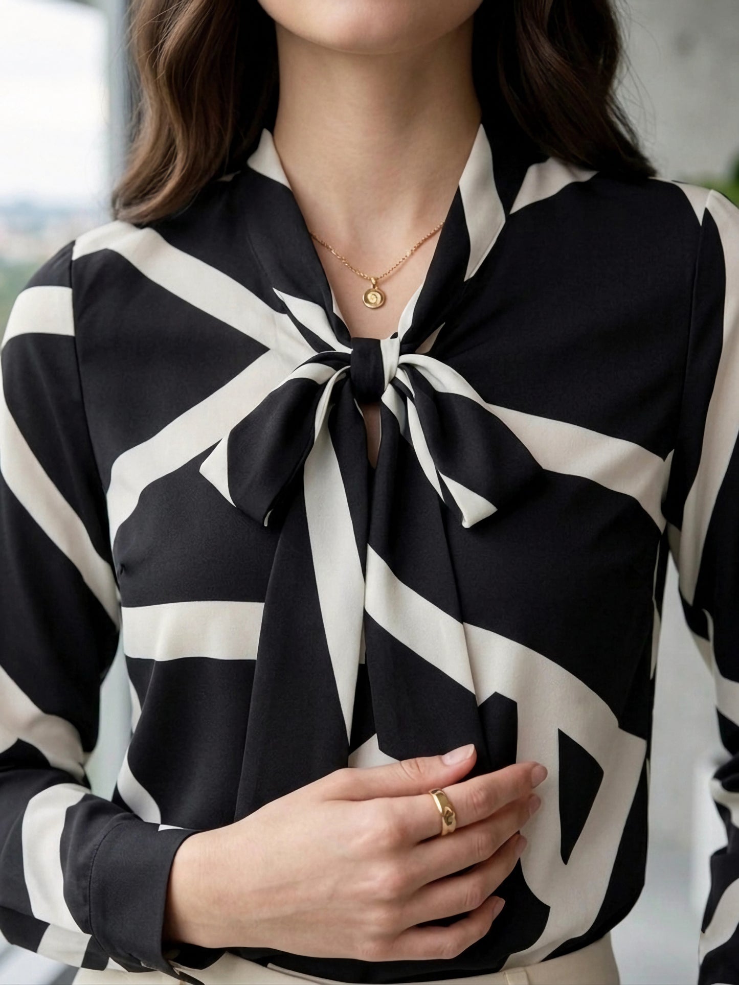 BIZwear Black & White Geometric Printed Tie-Up Neck Long Sleeves Regular Top