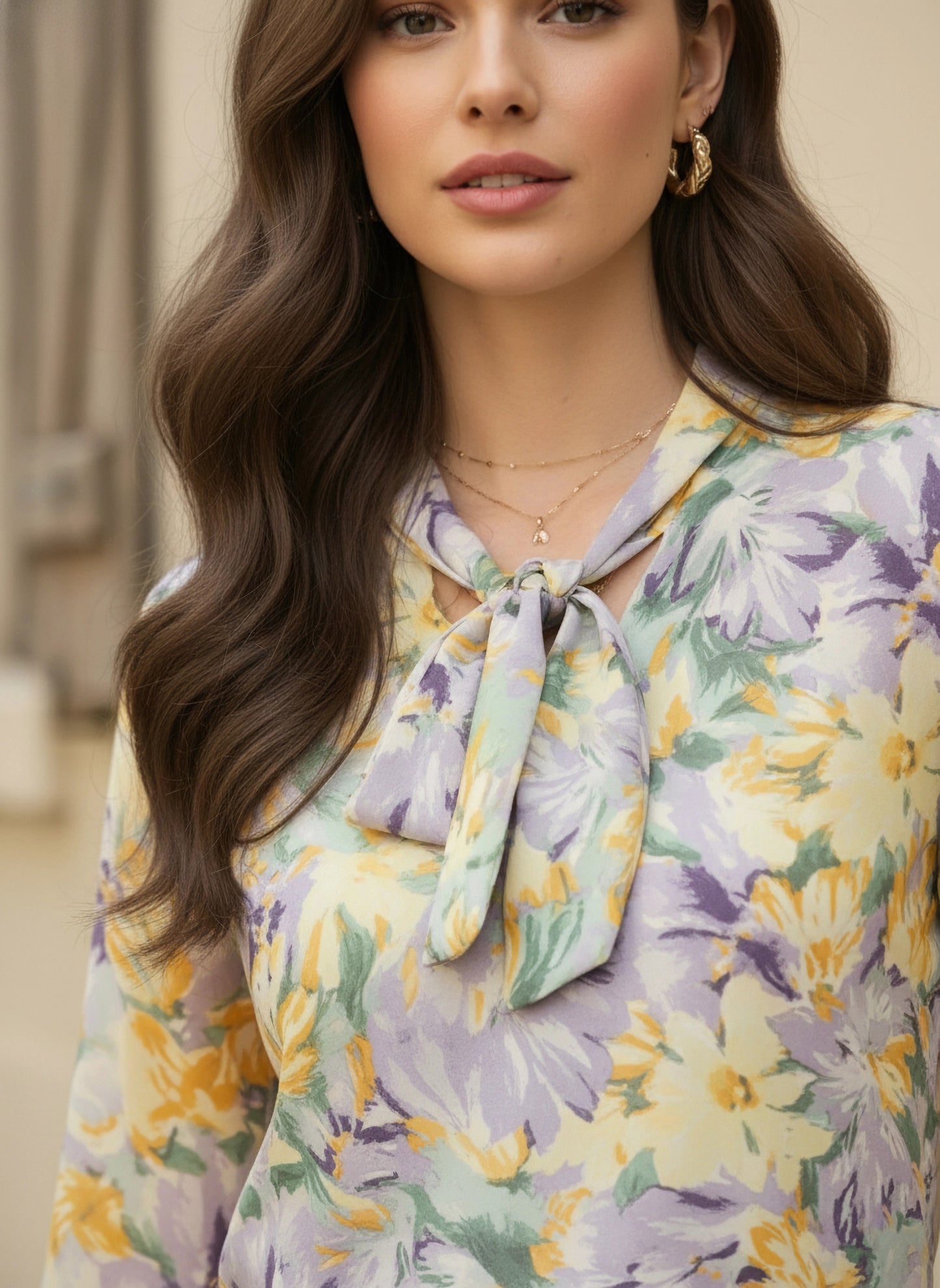 Berrylush Women Purple & Yellow Floral Printed Tie-Up Neck Long Sleeves Straight Hem Regular Top