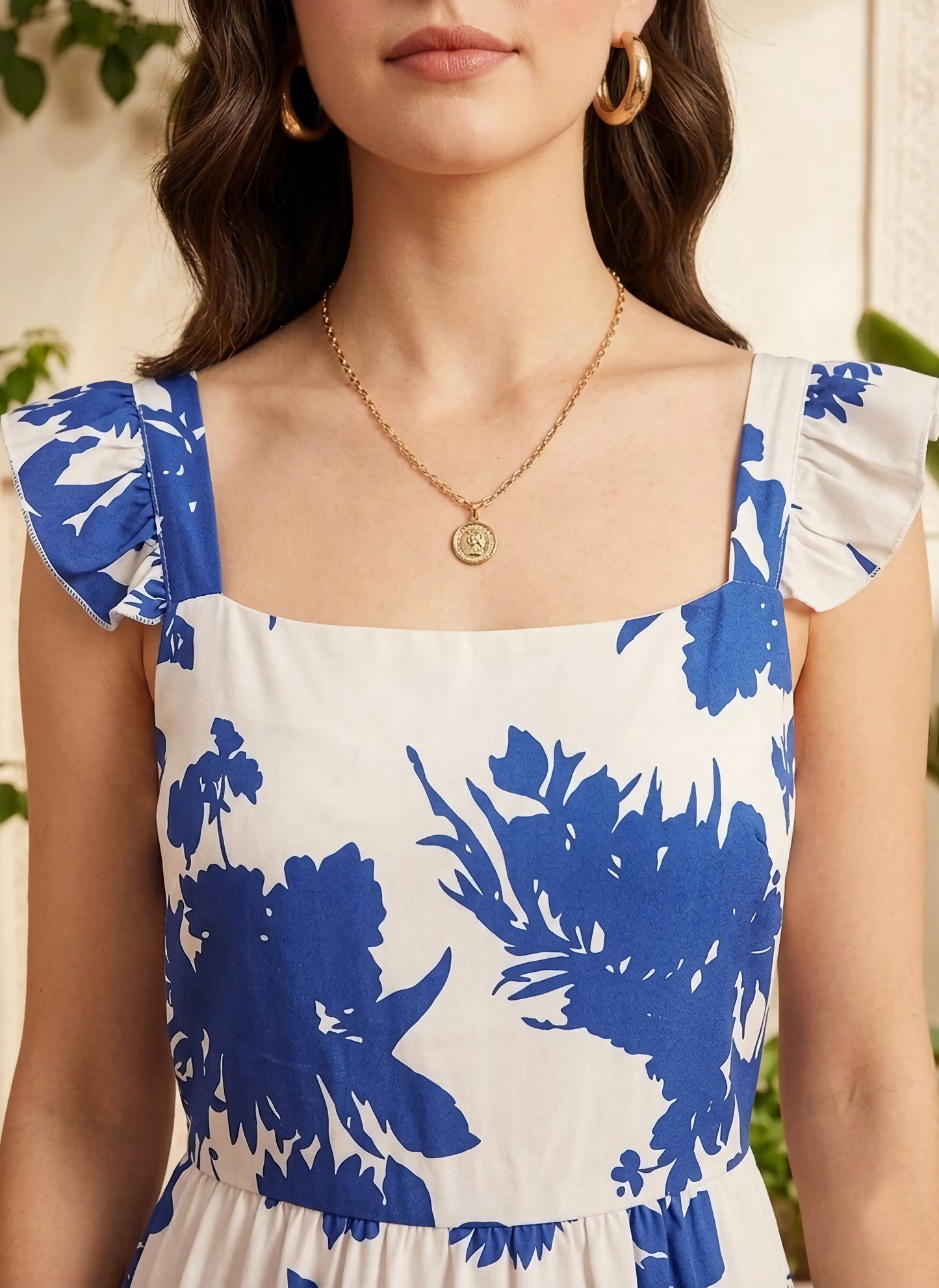 White & Blue Floral Printed Square Neck Cutout Tie-Up Back Crepe Pleated A-Line Maxi Dress