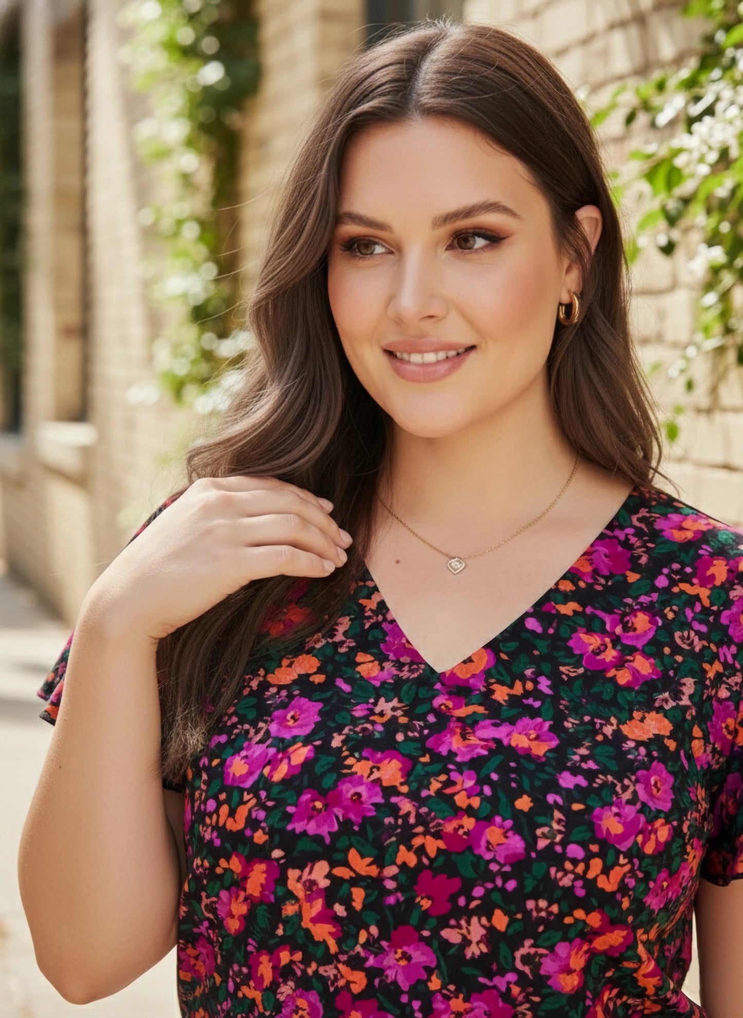 Plus Size Purple & Green Floral Printed V-Neck Flutter Sleeve Crepe Ruffled Regular Top