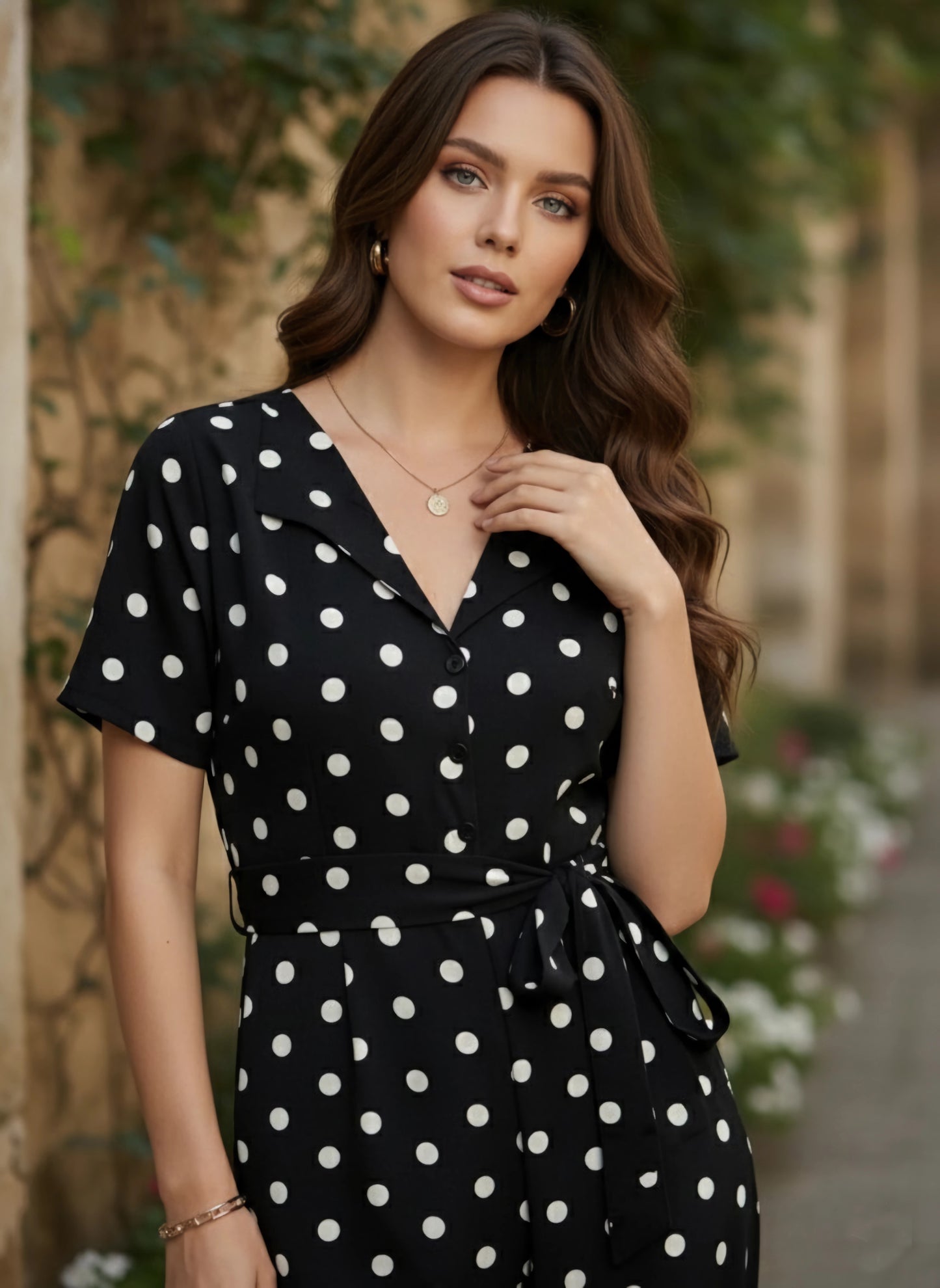 Berrylush Women Black & White Polka Dot Printed V-Neck Short Sleeves Waist Tie-Up Maxi Jumpsuit