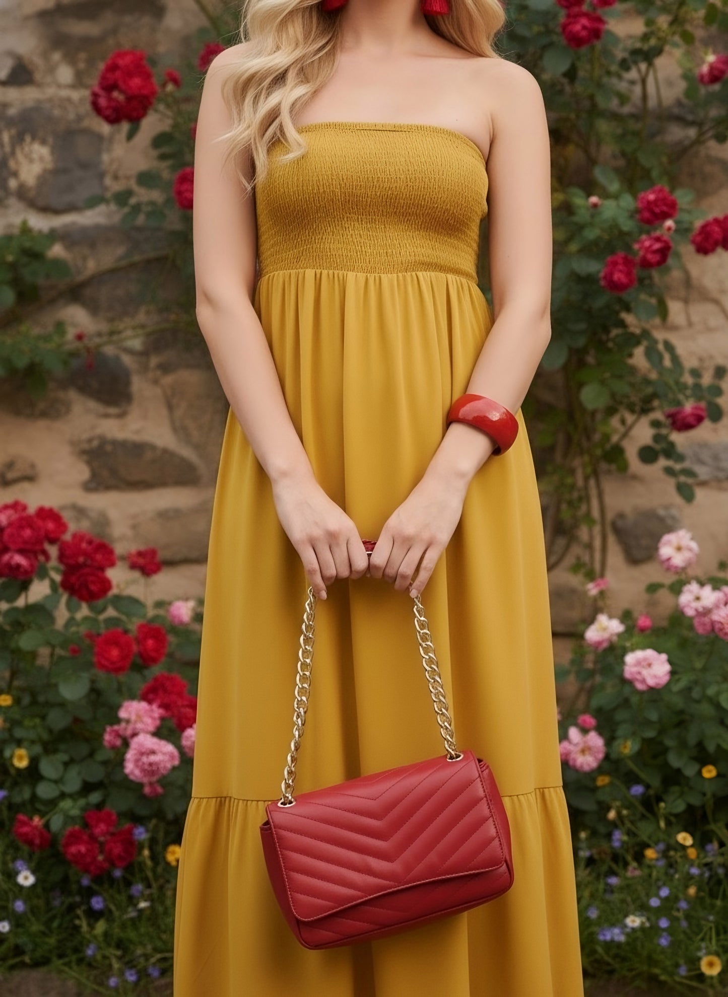 Berrylush Women Yellow Solid Strapless Smocked A-Line Maxi Dress