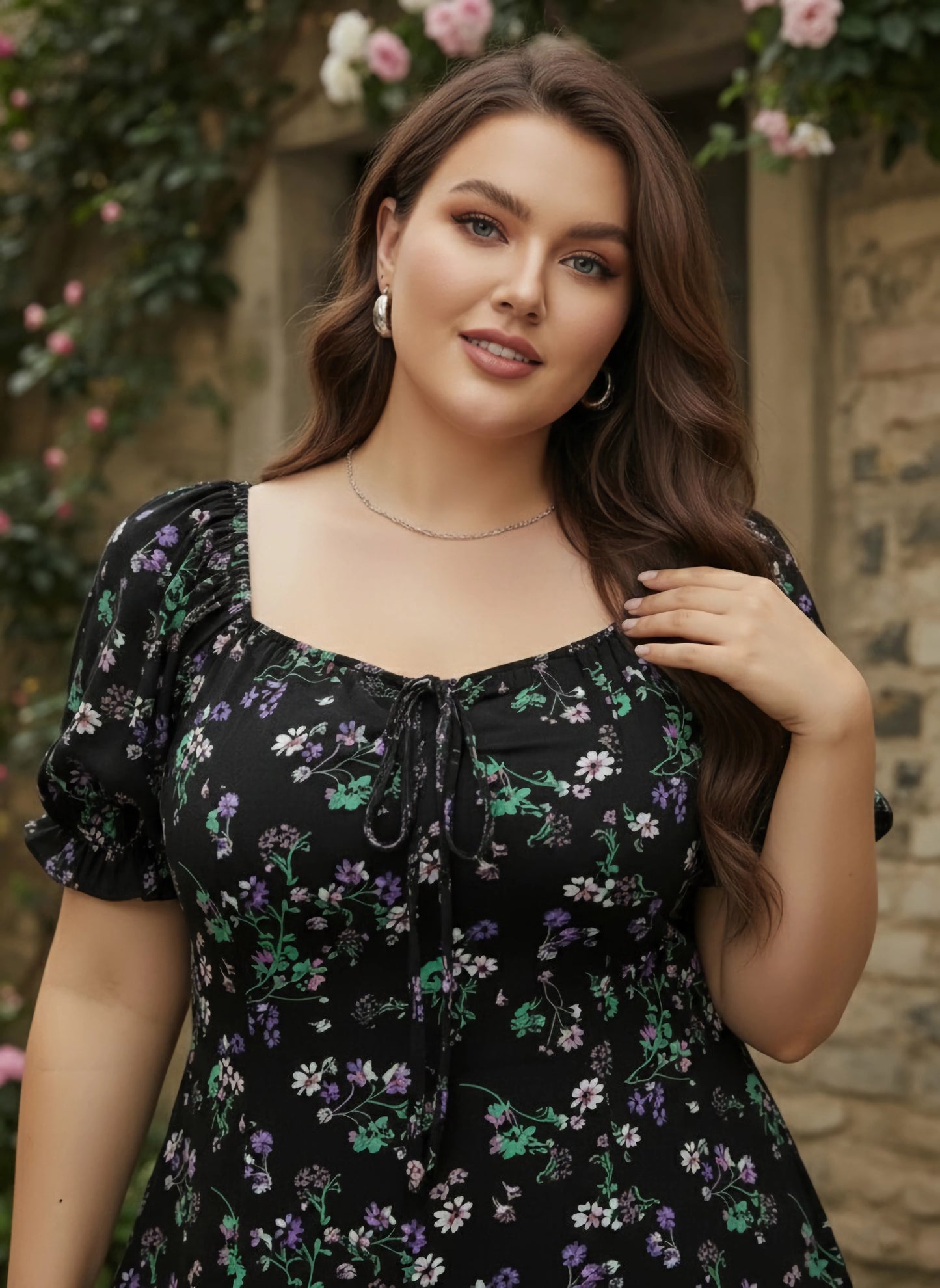 Berrylush Women Plus Size Black & Green Floral Printed Sweetheart Neck Tie-Up Front Crepe Ruffled A-Line Mini Dress