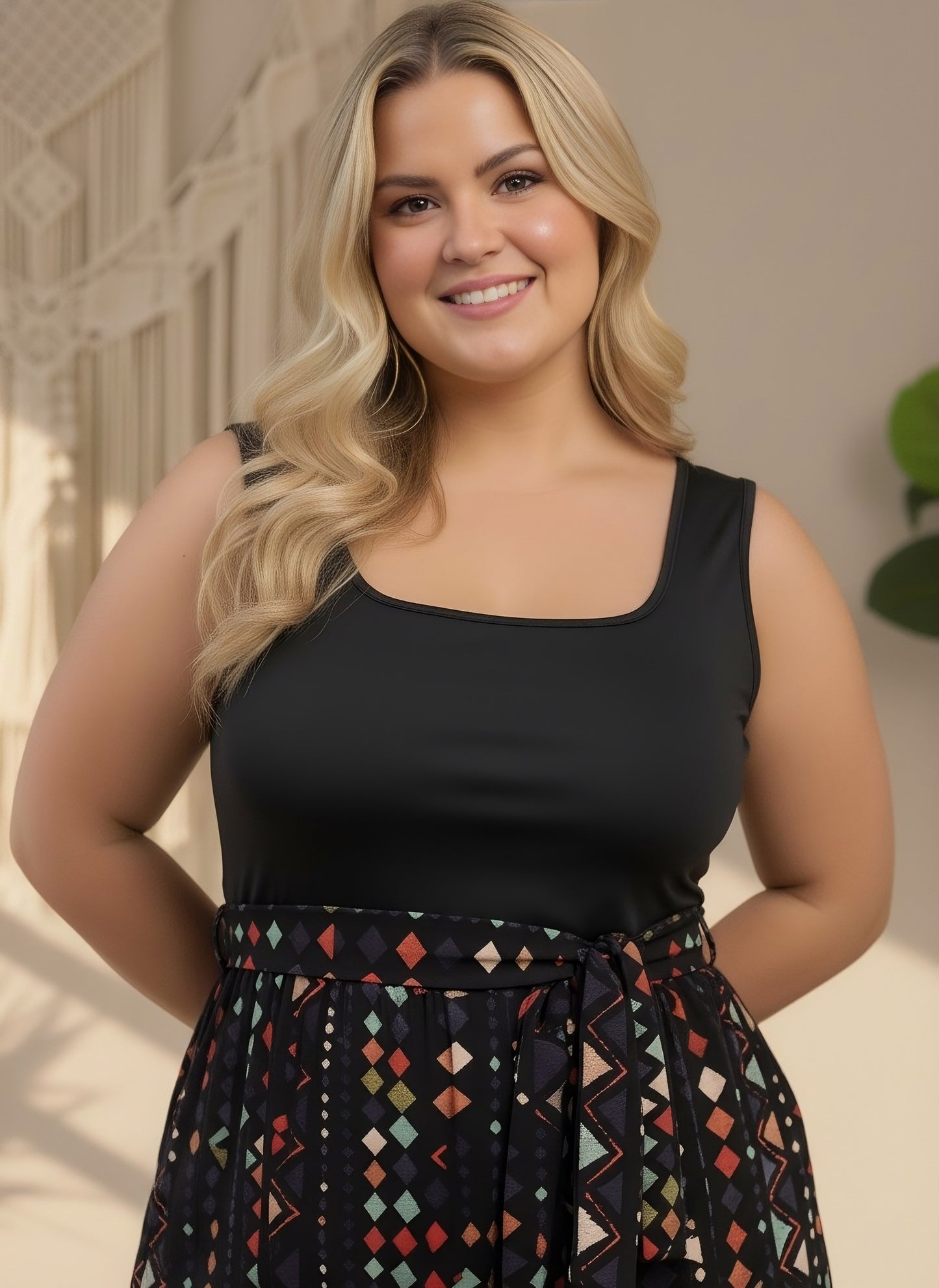 Berrylush Curve Women Black & Multicolour Geometrical Printed Square Neck Sleeveless Waist Tie-Up Lined Mini Jumpsuit