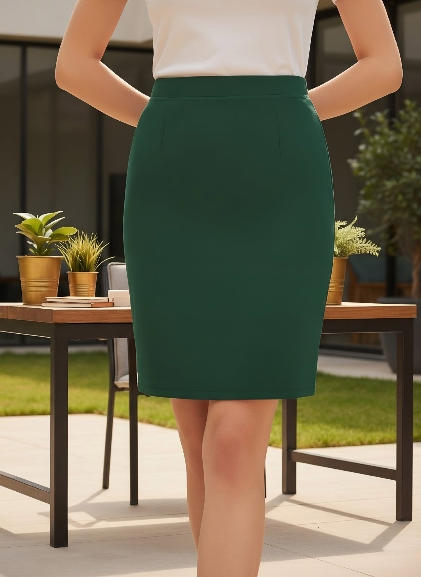 Berrylush Bizwear Women Green Solid High Rise Mini Pencil Skirt