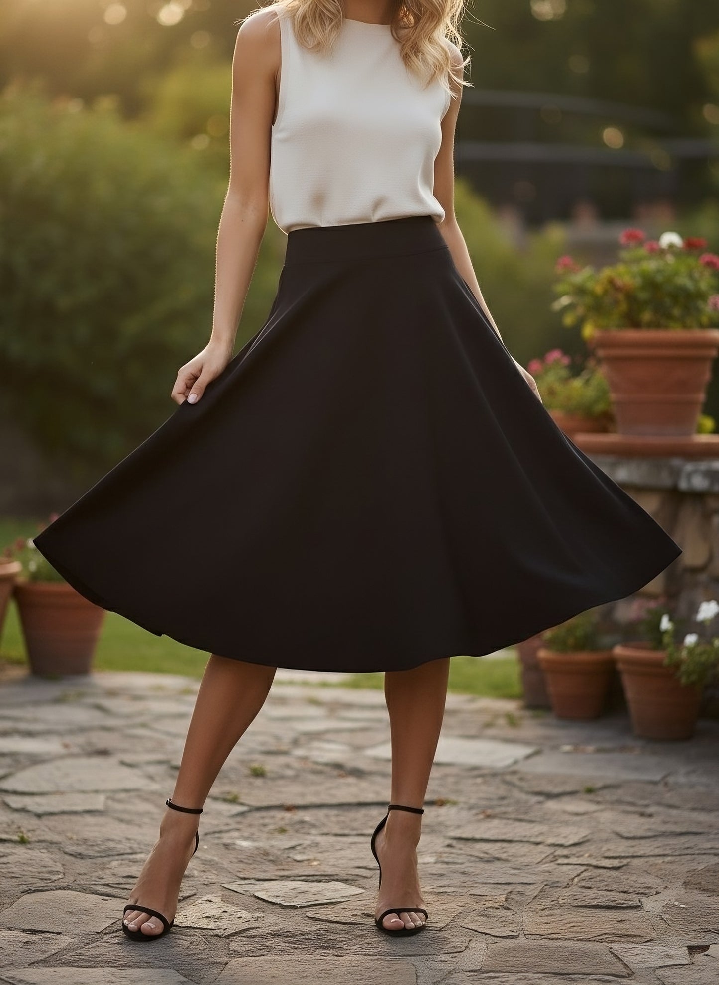 Berrylush Women Solid Black Flared A-Line Midi Skirt