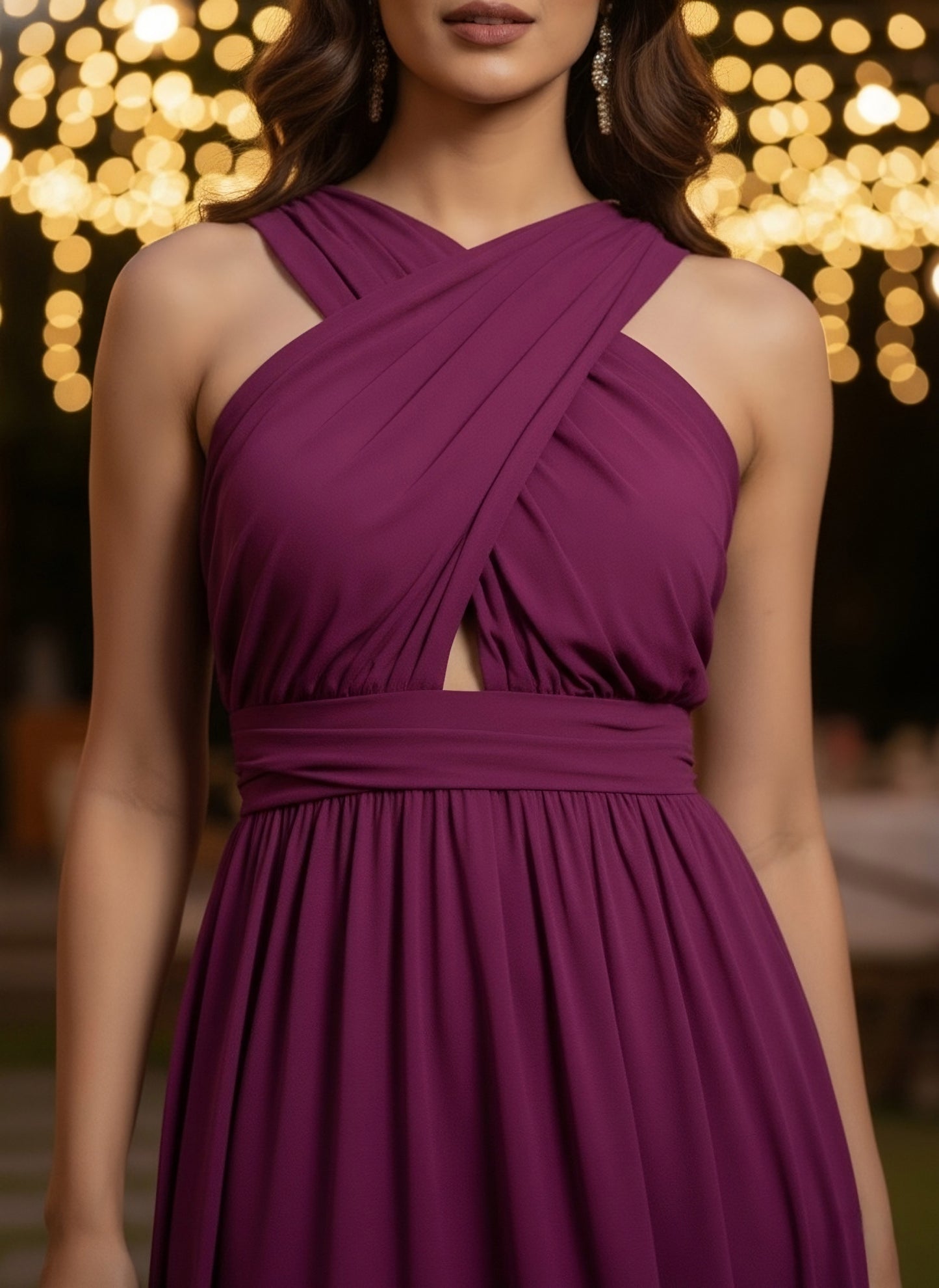 Berrylush Women Solid Purple Halter Neck Sleeveless Front Cutout Flared Maxi Dress