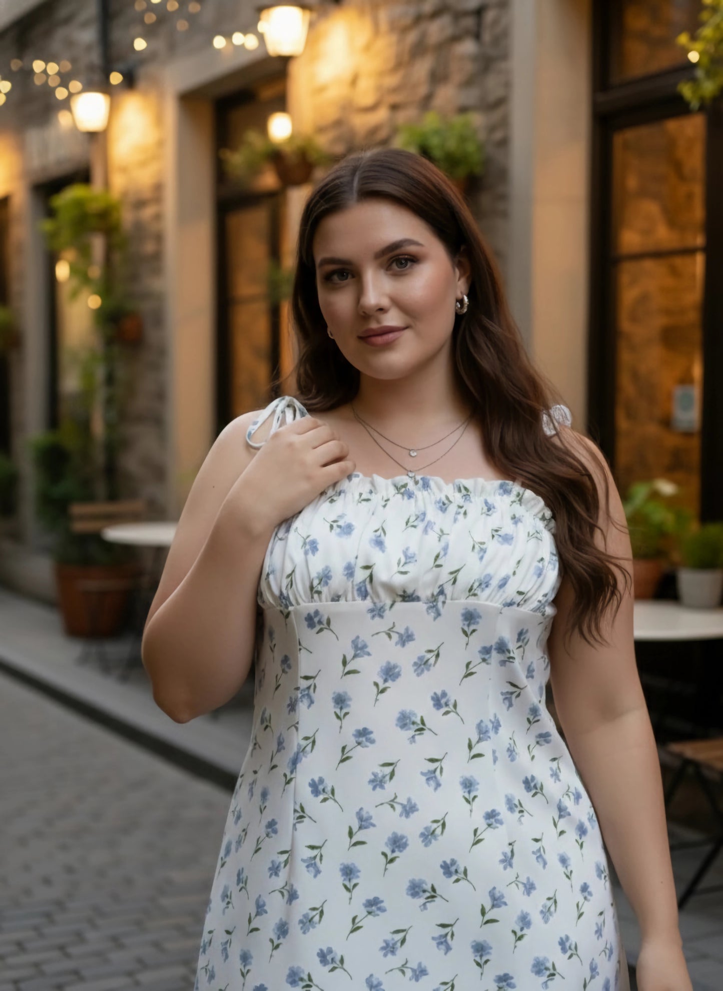 Plus Size White & Blue Floral Printed Square Neck Crepe Side-Slit Pleated A-Line Mini Dress