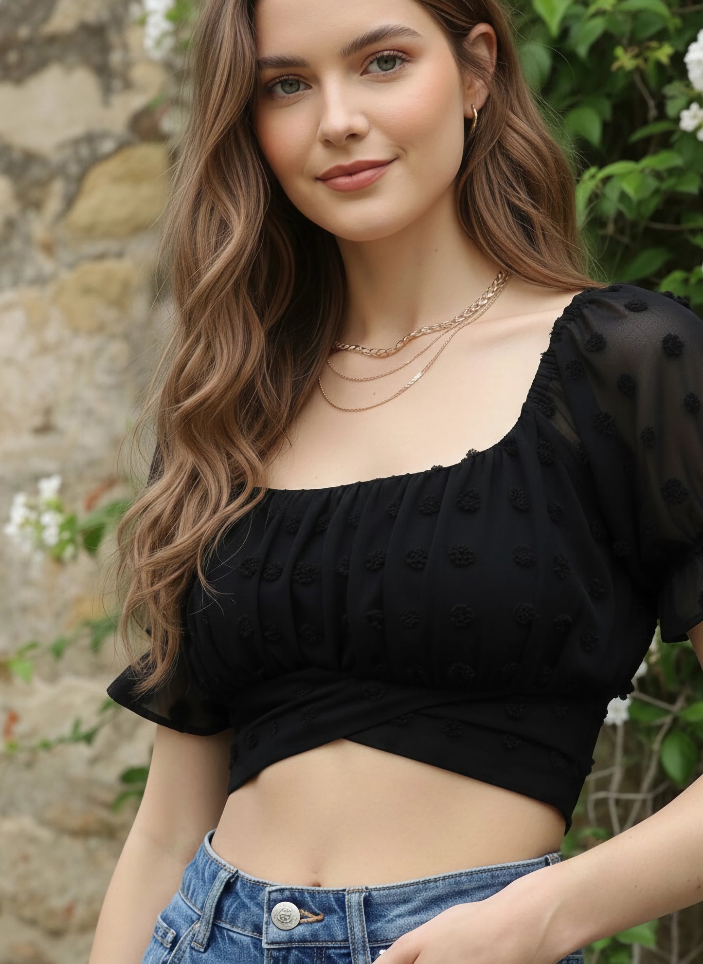 Berrylush Women Solid Black Polka Dot Dobby Weave Square Neck Jacquard Styled Back Crop Top