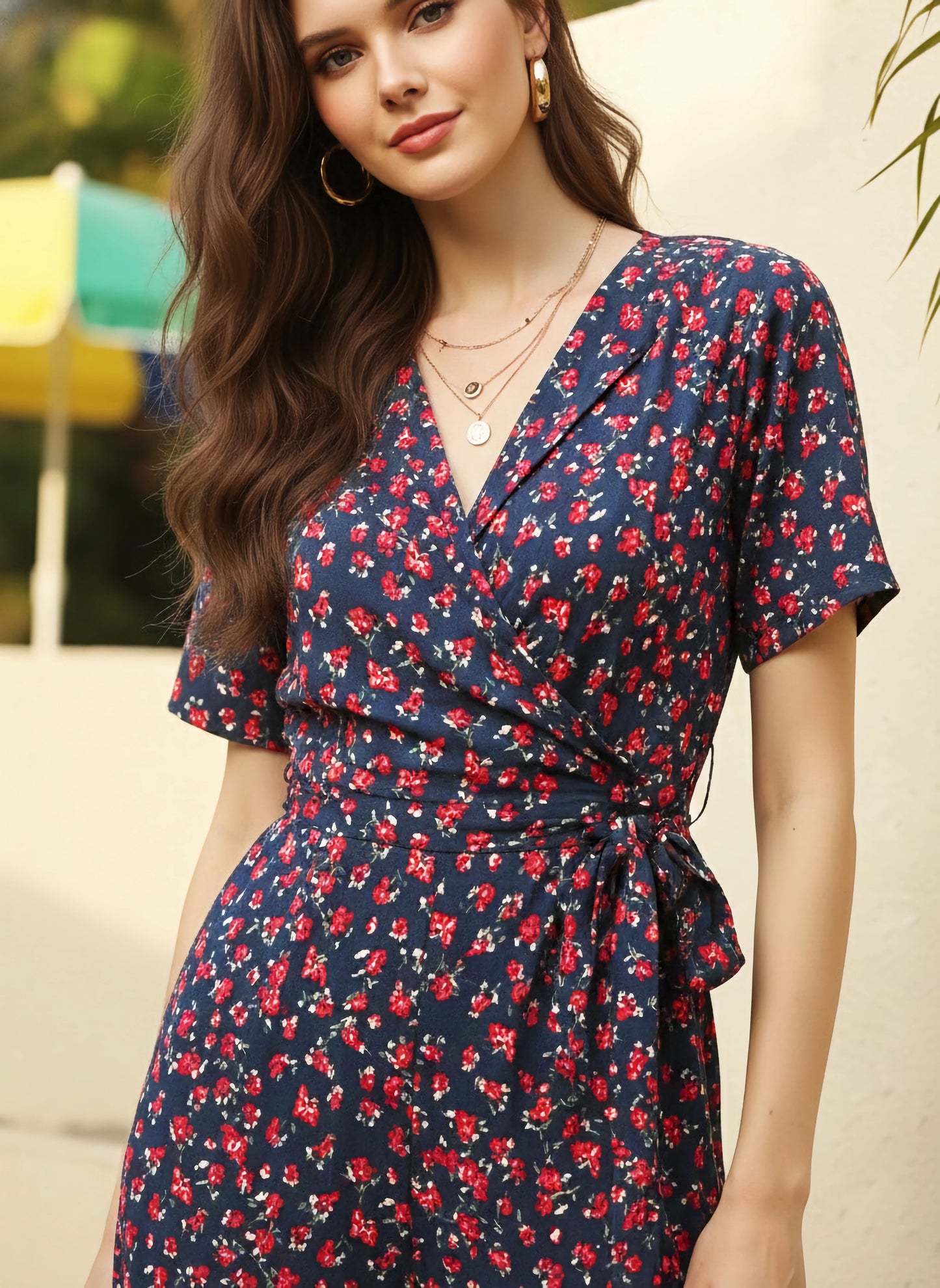 Berrylush Women Navy Blue & Red Floral Printed Shawl Neck Waist Tie-Up Culotte Jumpsuit