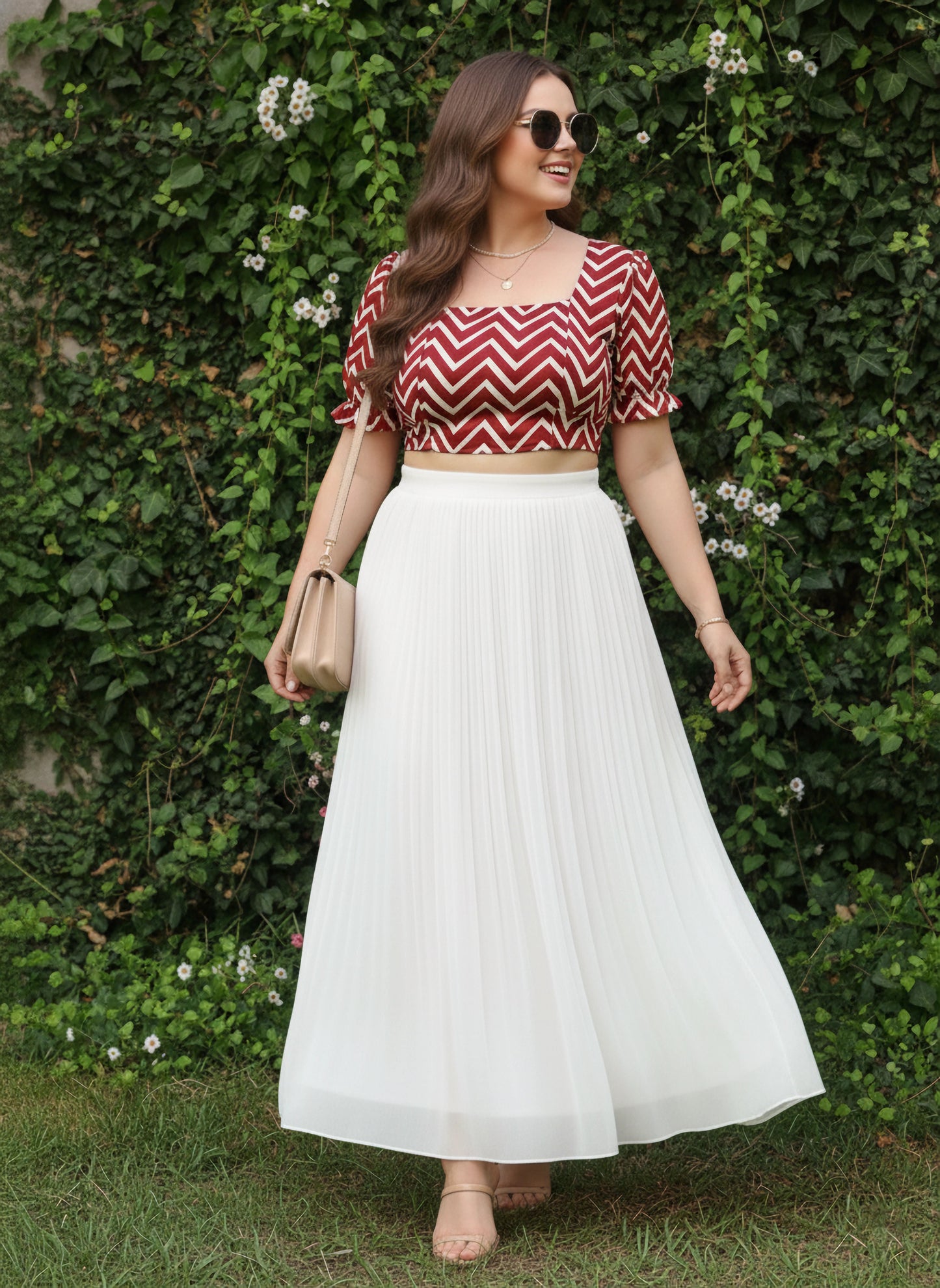 Berrylush Women Plus Size Maroon & White Chevron Pattern Square Neck Crepe Tie-Up Backless Blouson Cropped Top