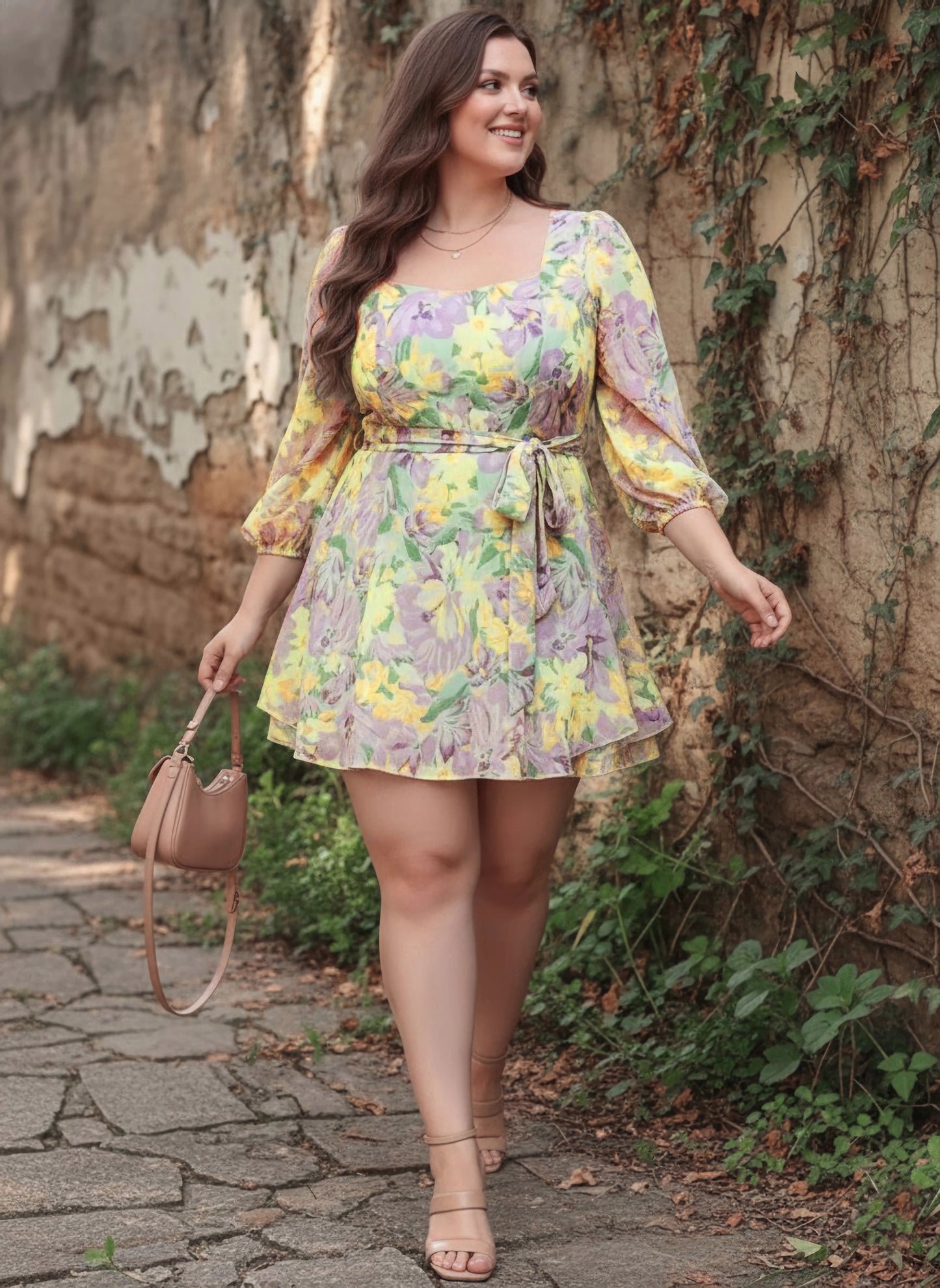 Berrylush Women Plus Size Purple & Yellow Floral Printed Sweetheart Neck Tie-Up Waist Layered Mini Jumpsuit