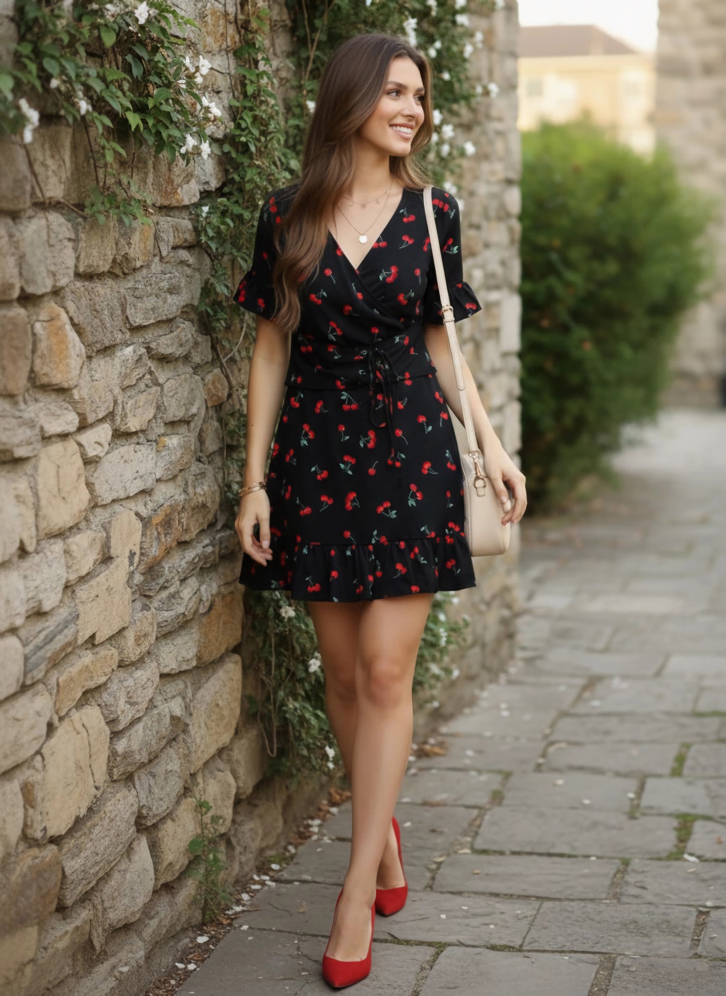 Berrylush Women Black & Red Cherry Printed V-Neck Waist Tie-Up Flounce Hem Fit & Flare Wrap Mini Dress