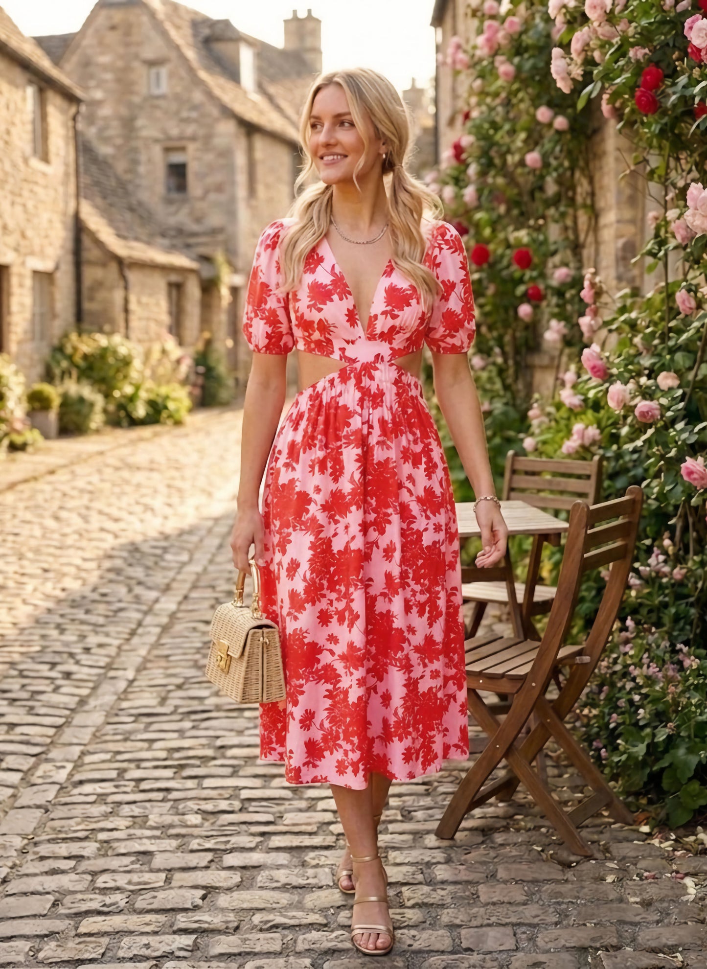 Berrylush Women Pink & Red Floral Printed V-Neck Cutout Tie-Up Crepe A-Line Midi Dress