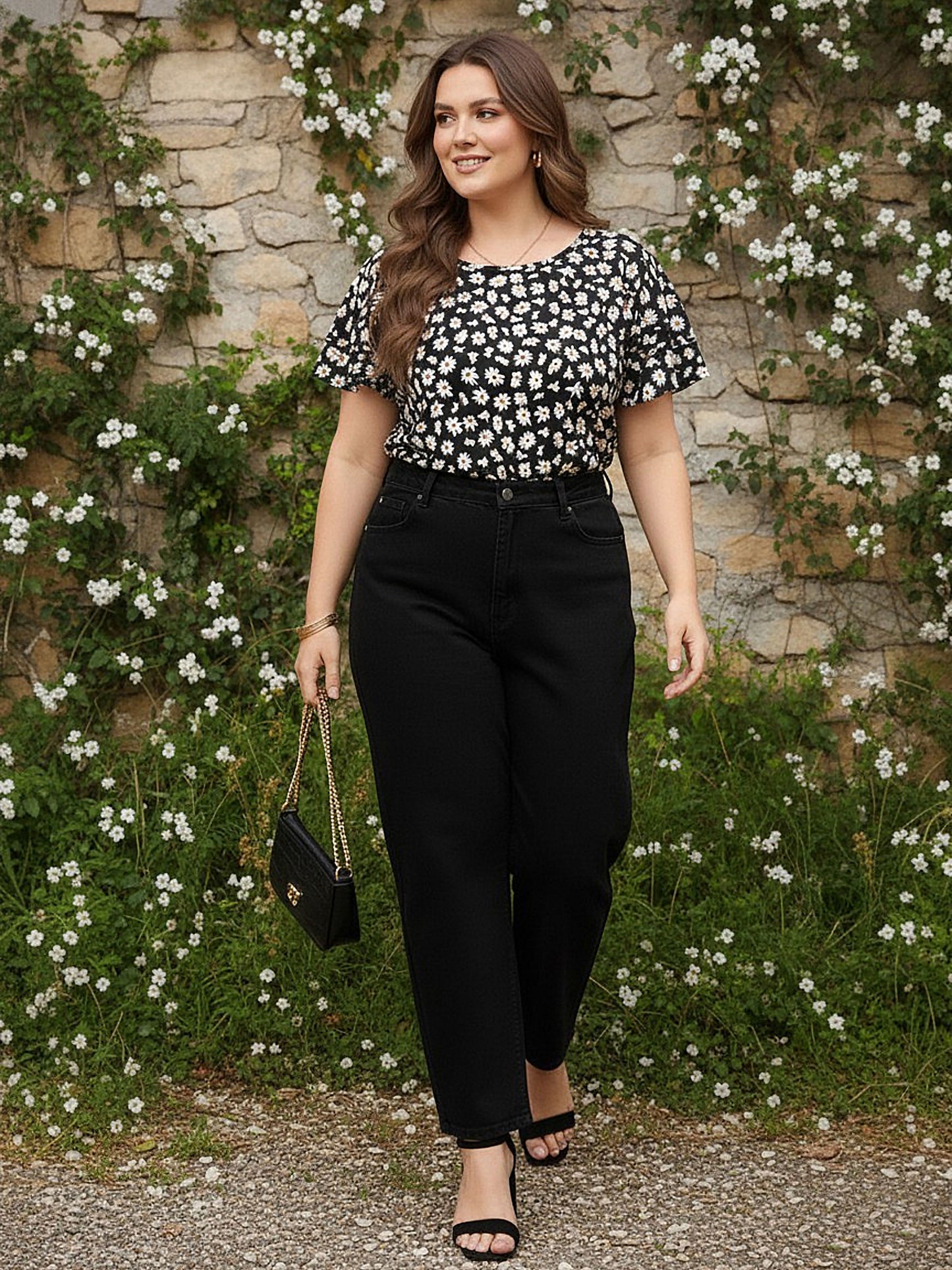 Berrylush Women Plus Size Black & White Floral Printed V-Neck Flutter Sleeve Crepe Regular Top