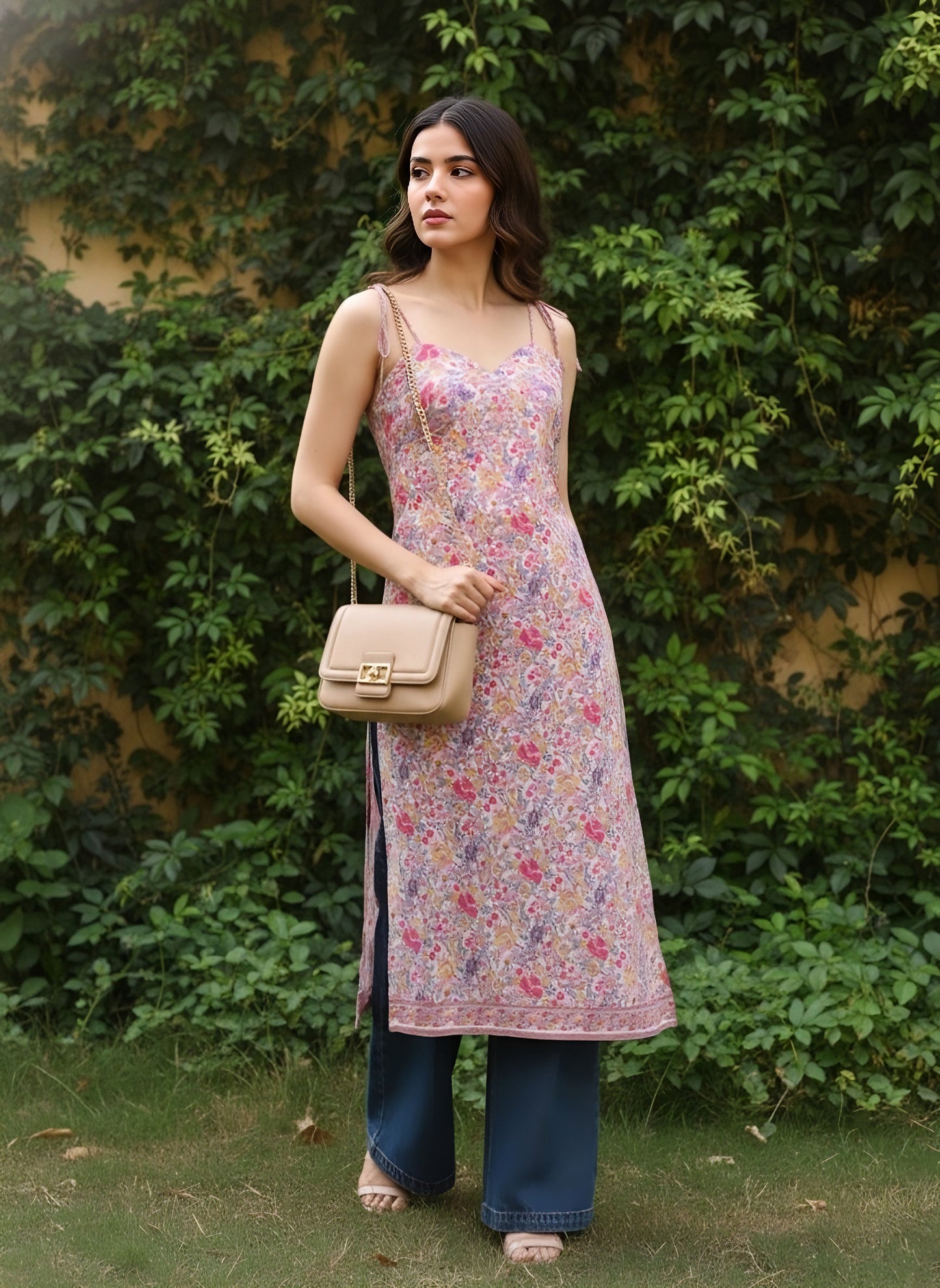 Berrylush Women Pink & Purple Floral Printed Sweetheart Neck Tie-Up Strap Straight Midi Kurta