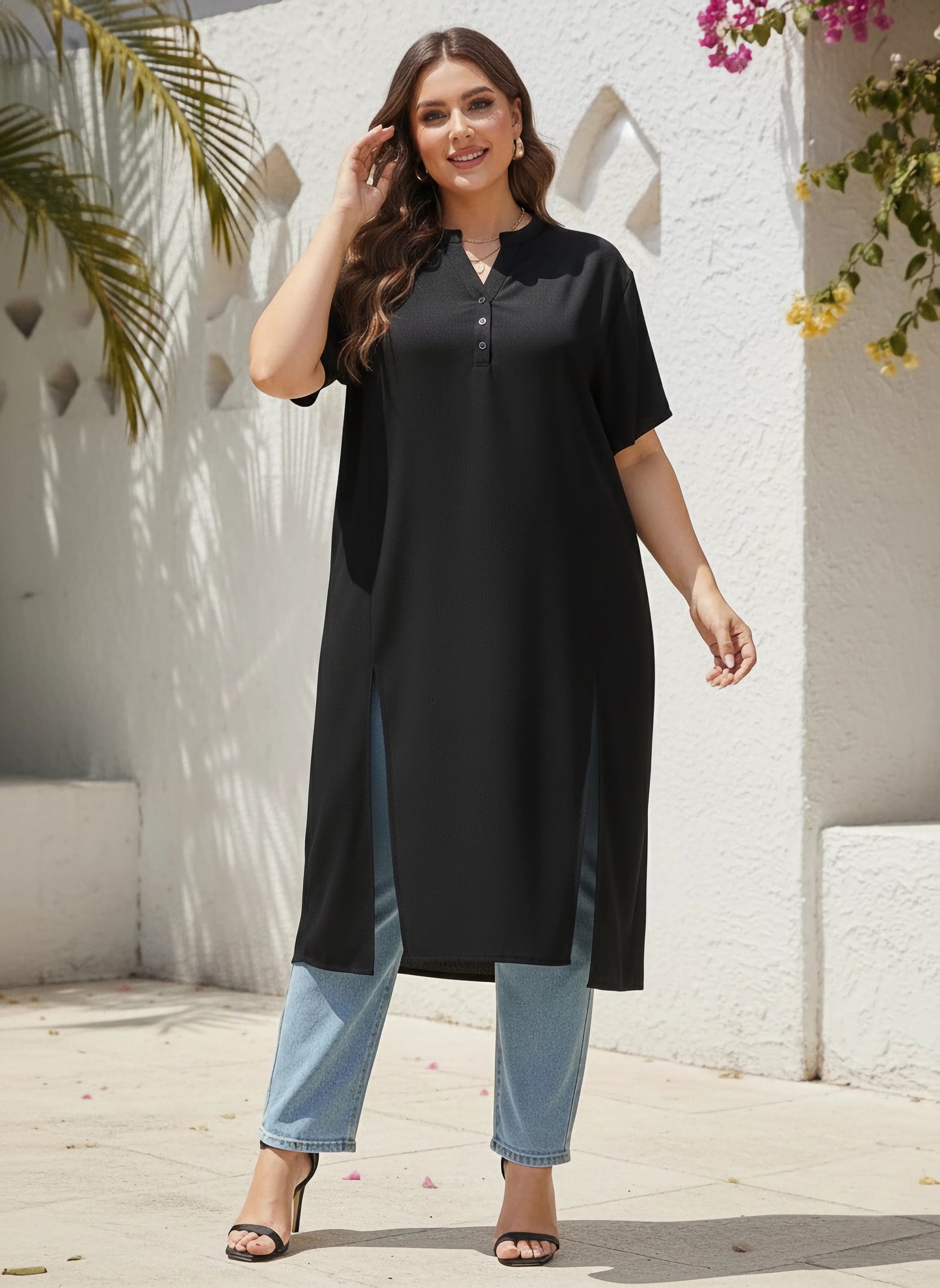 Curve Solid Black Stand Collar Neck Button-Up Side-Slited Logline Top