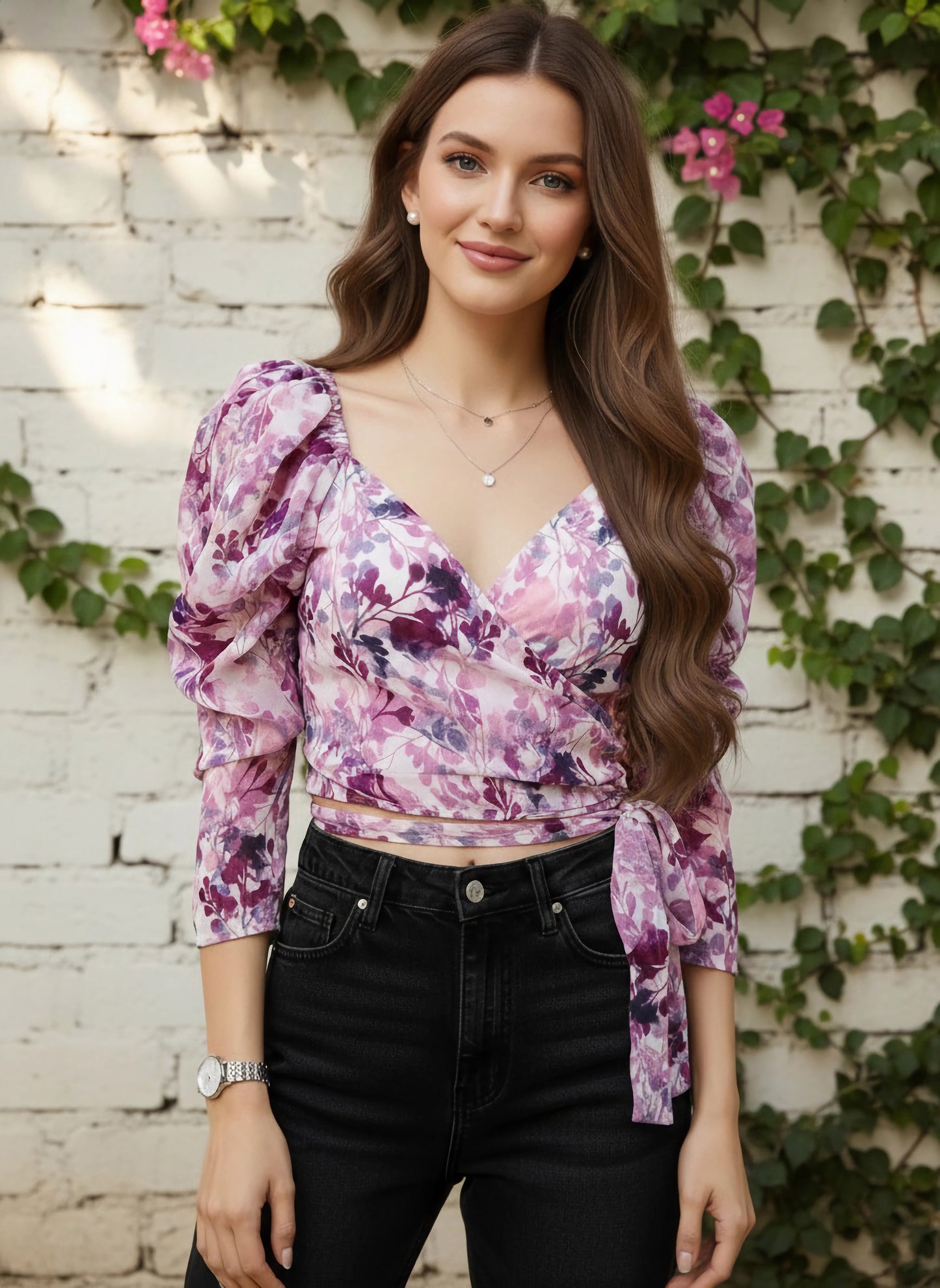 Berrylush Women White & Lavender Floral Printed Sweetheart Neck Waist Tie-Up Wrap Cropped Top
