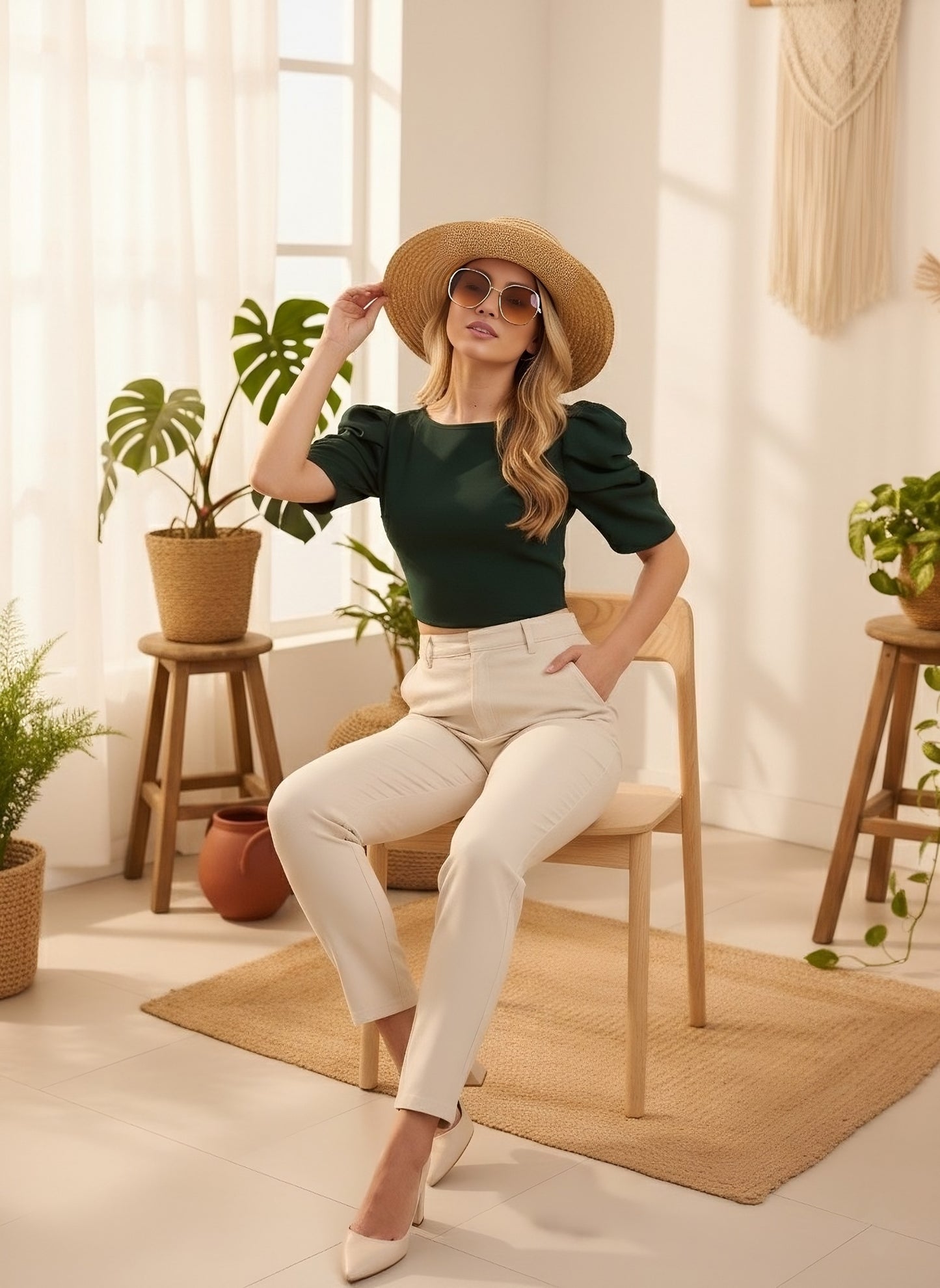 Berrylush Women Solid Green Round Neck Puff Sleeves Crepe Styled Tie-Up Back Cropped Top