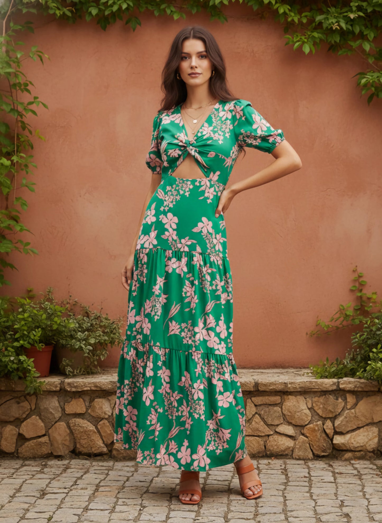 Berrylush Women Green & Pink Floral Printed V-Neck Puff Sleeve Front Cutout Ruffled A-Line Maxi Dress