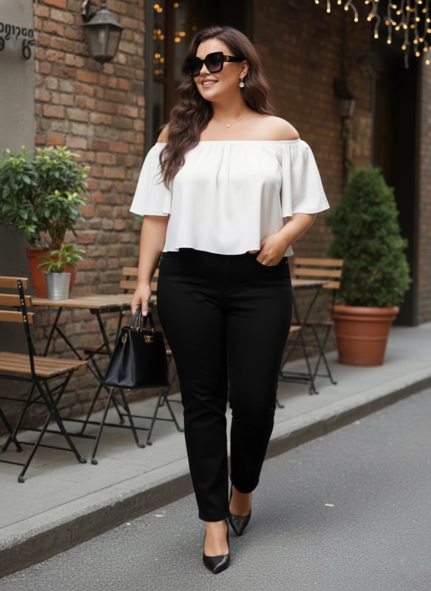 Berrylush Women Plus Size Solid White Off-Shoulder Neck Crepe Ruffled Bardot Crop Top