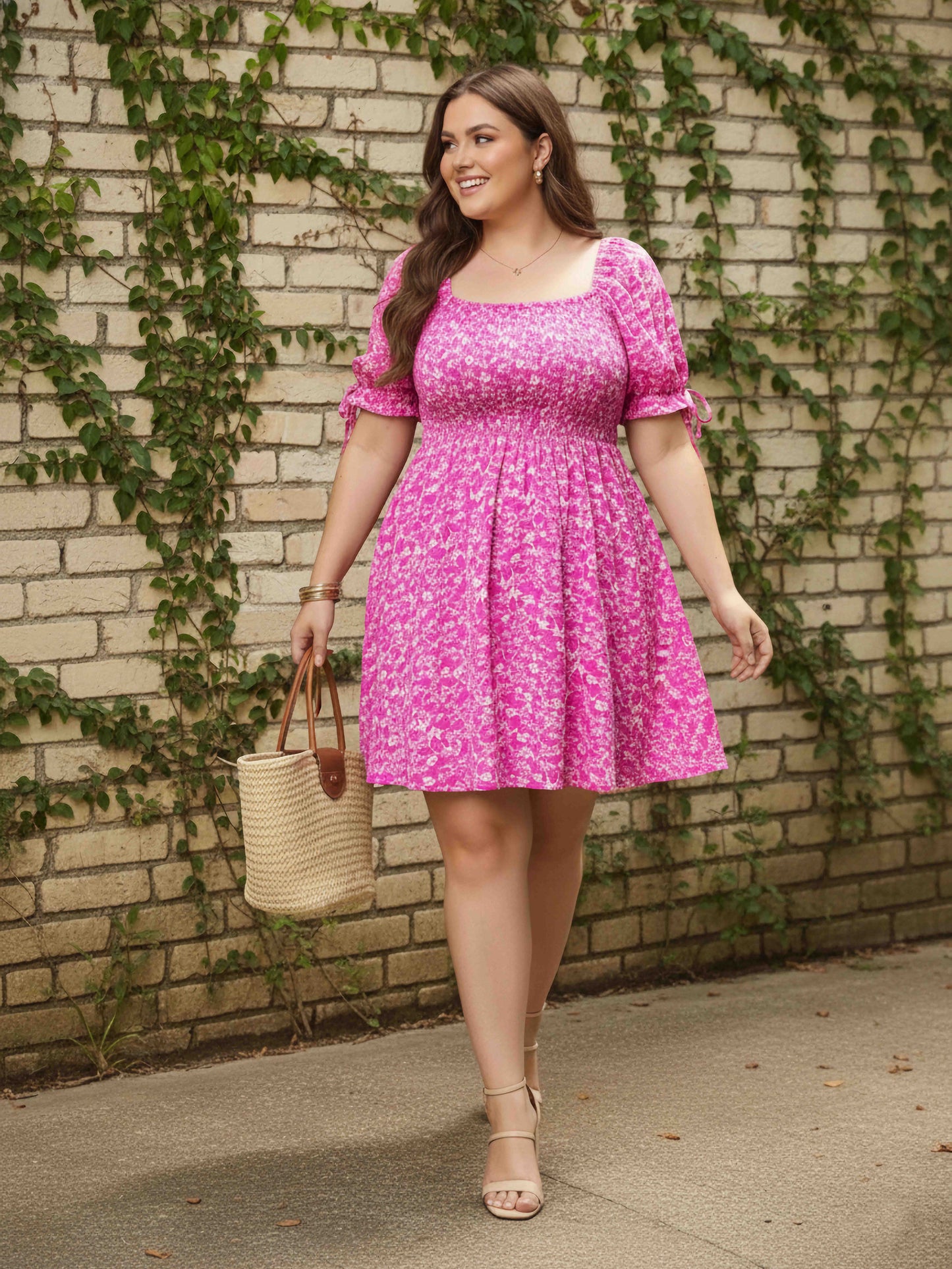 Berrylush Curve Women Pink & White Floral Printed Square Neck Bishop Sleeves Tie-Up Smocked A-Line Mini Dress