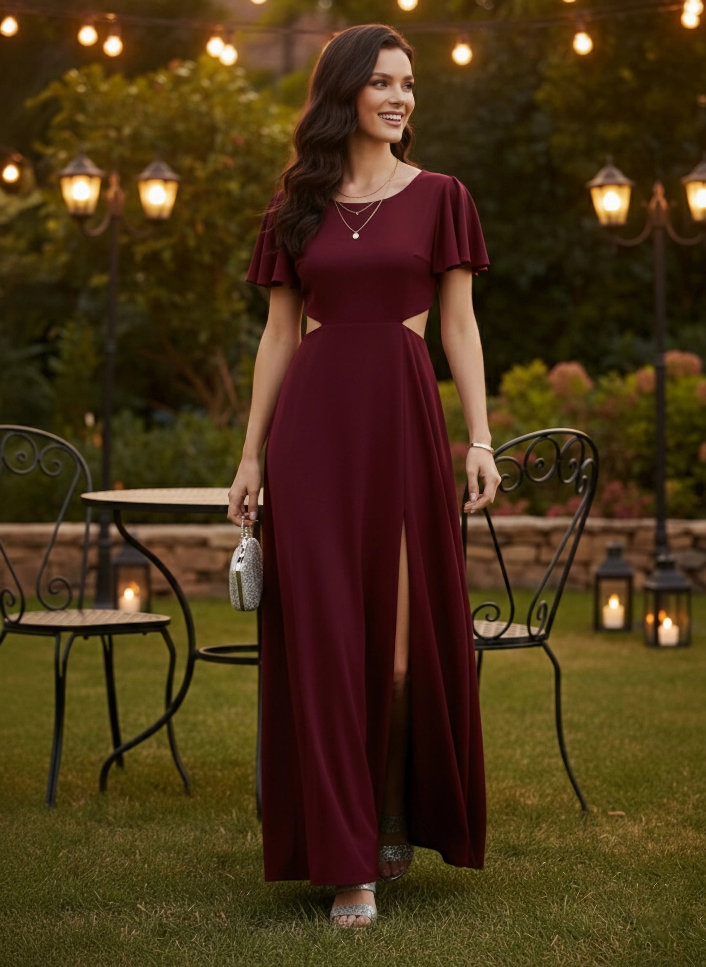 Solid Maroon Round Neck Cutout Crepe Thigh-High Slit Fit & Flare Maxi Dress