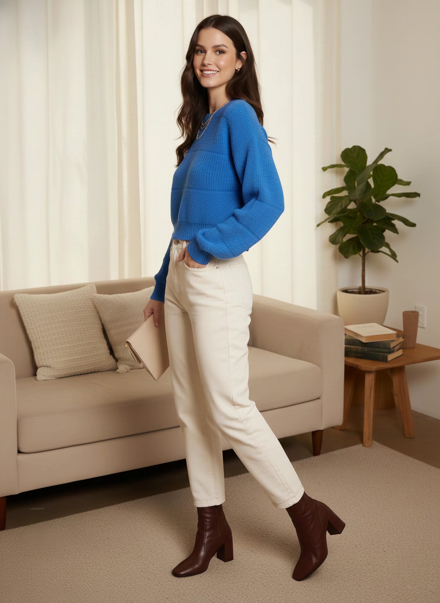 Berrylush Women Solid Blue Round Neck Drop-Shoulder Sleeves Ribbed Hem Cropped Sweater