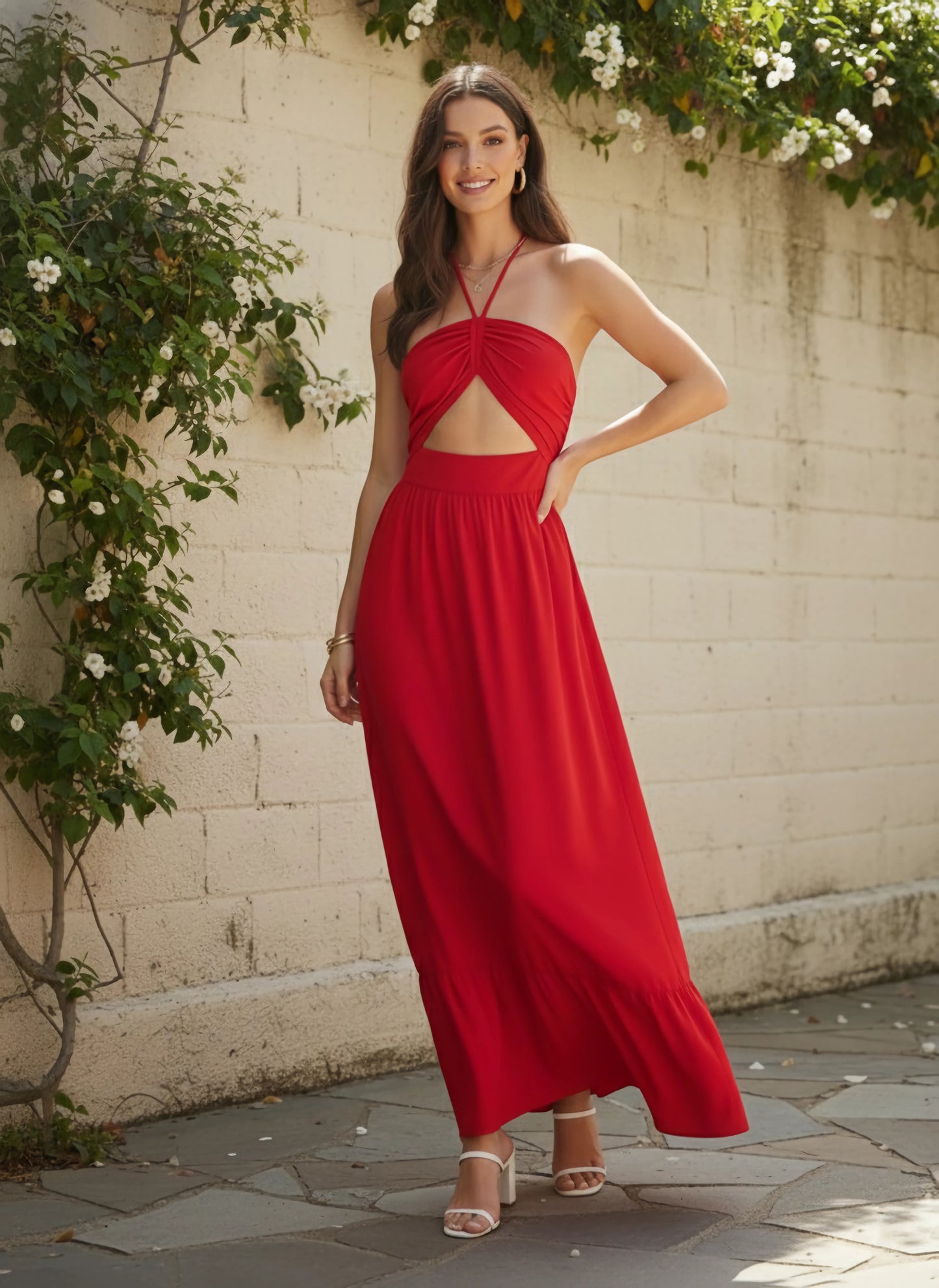 Berrylush Women Red Solid Halter Neck Tie Backless Maxi Dress