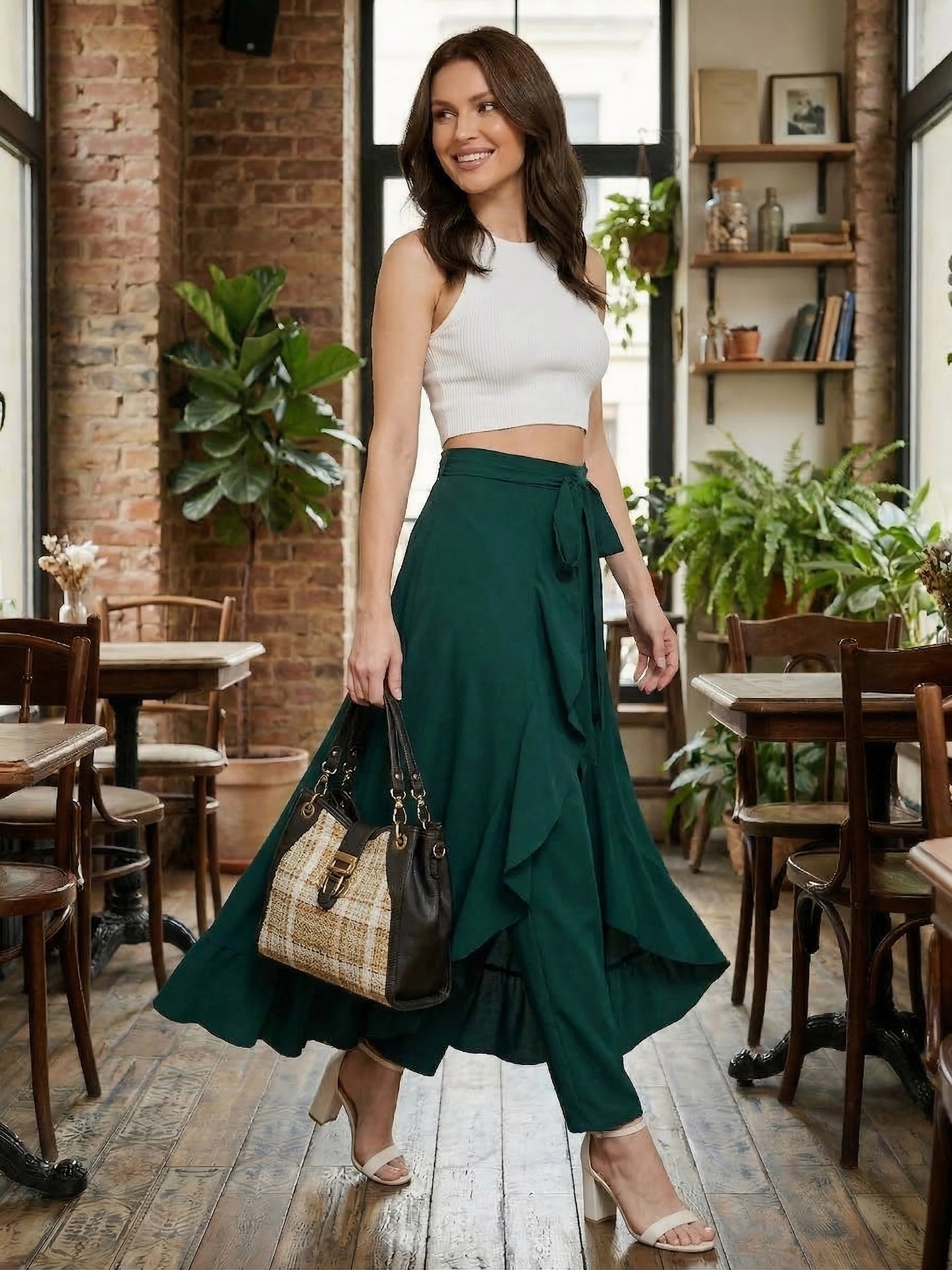 Berrylush Women Solid Green Waist Tie-Up Ruffled Maxi Skirt with Attached Trousers