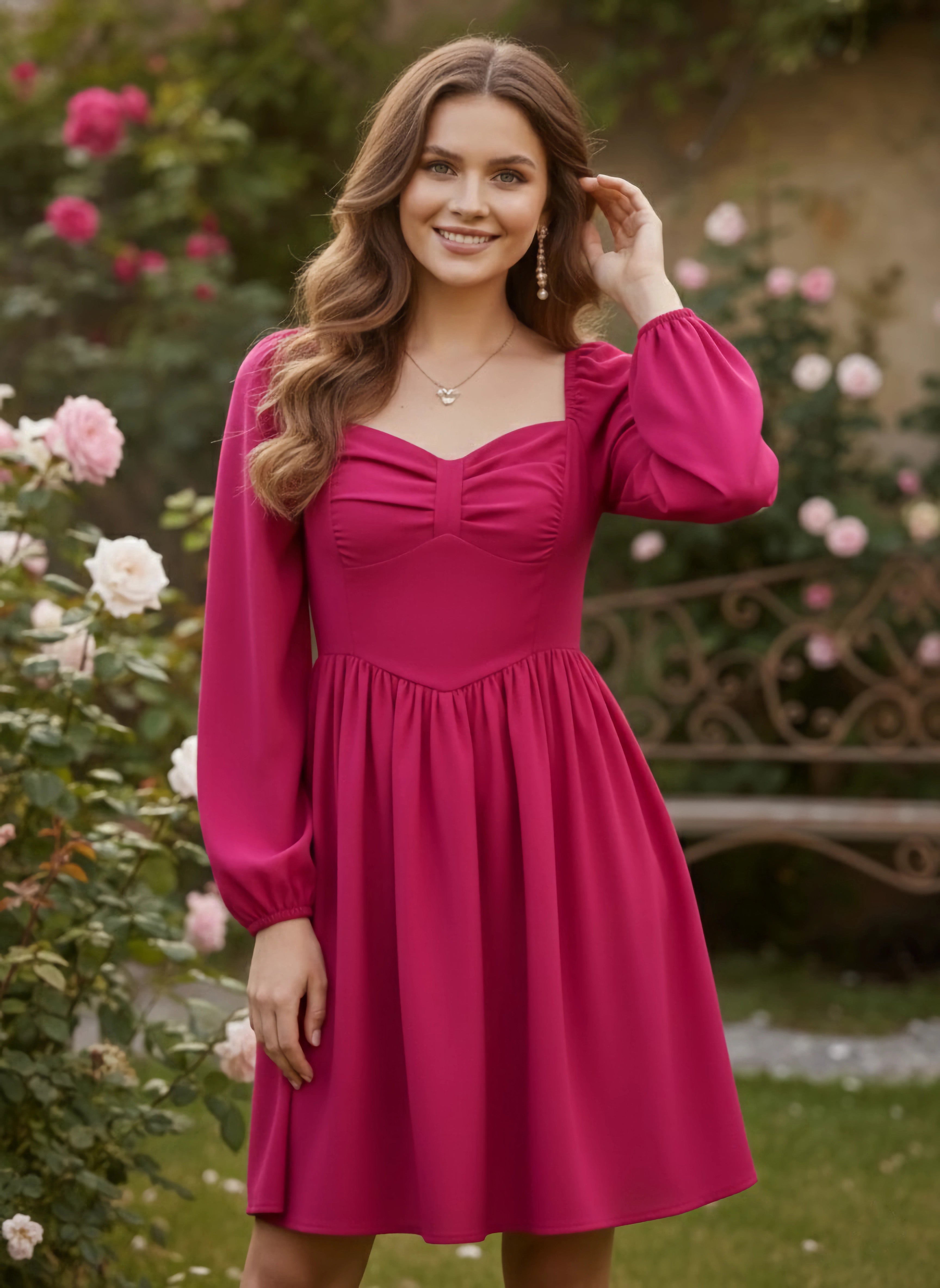 Women Solid Pink Sweetheart Neck Puff Sleeves Back Zipper-Up