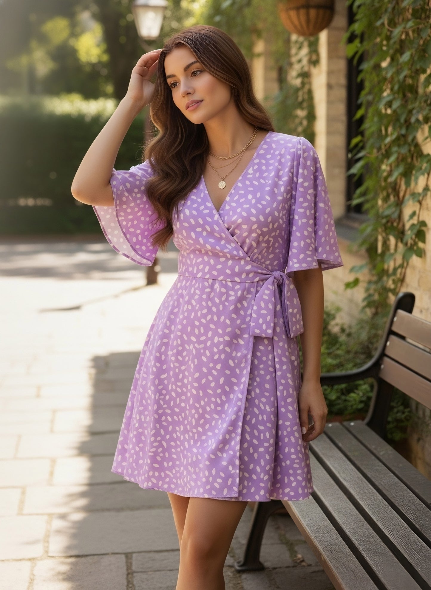 Berrylush Women Purple & White Abstract Printed V-Neck Flutter Sleeves Tie-Up Waist Curved Hem Fit & Flare Mini Jumpsuit