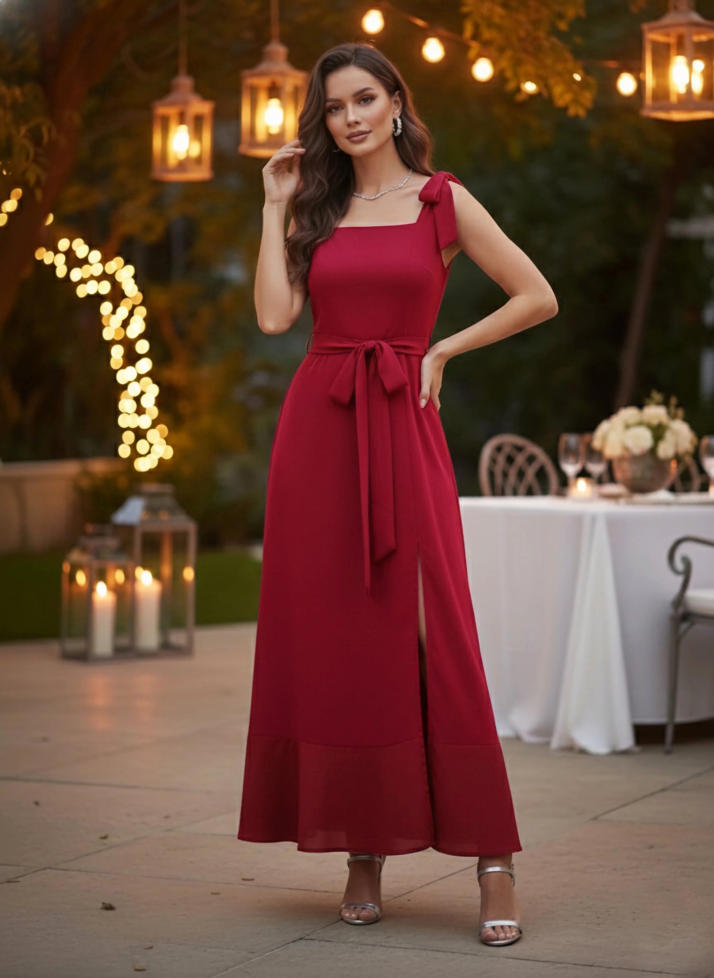 Berrylush Women Solid Red Square Neck Waist Tie-Up Cutout Georgette Thigh-High Slit Flared A-Line Maxi Dress