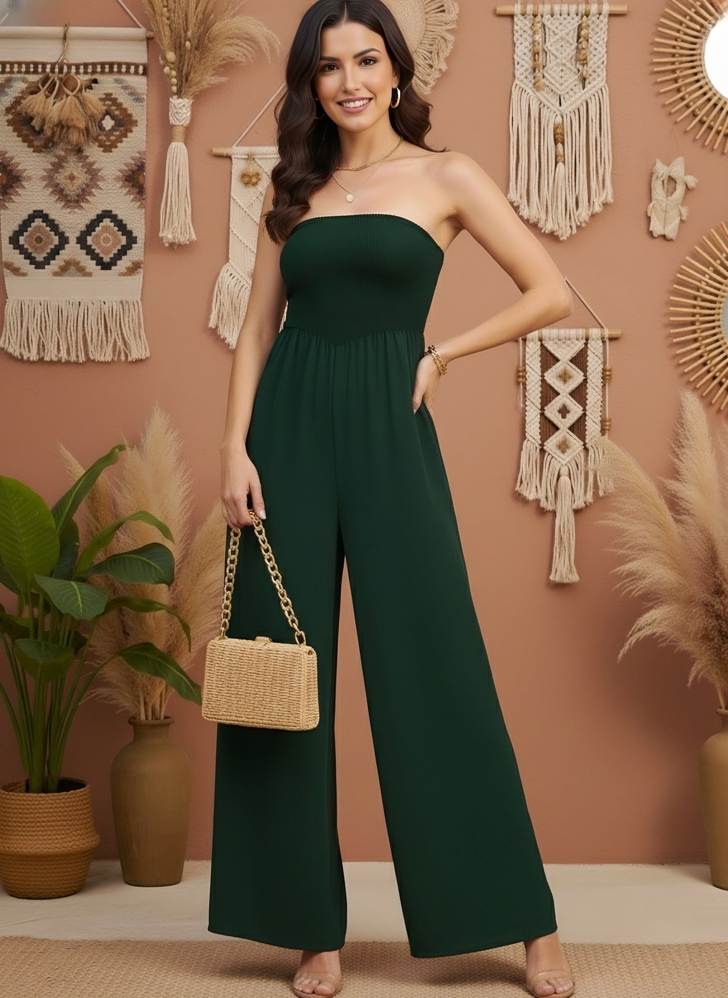 Berrylush Women Green Solid Strapless Wide Leg Basic Jumpsuit