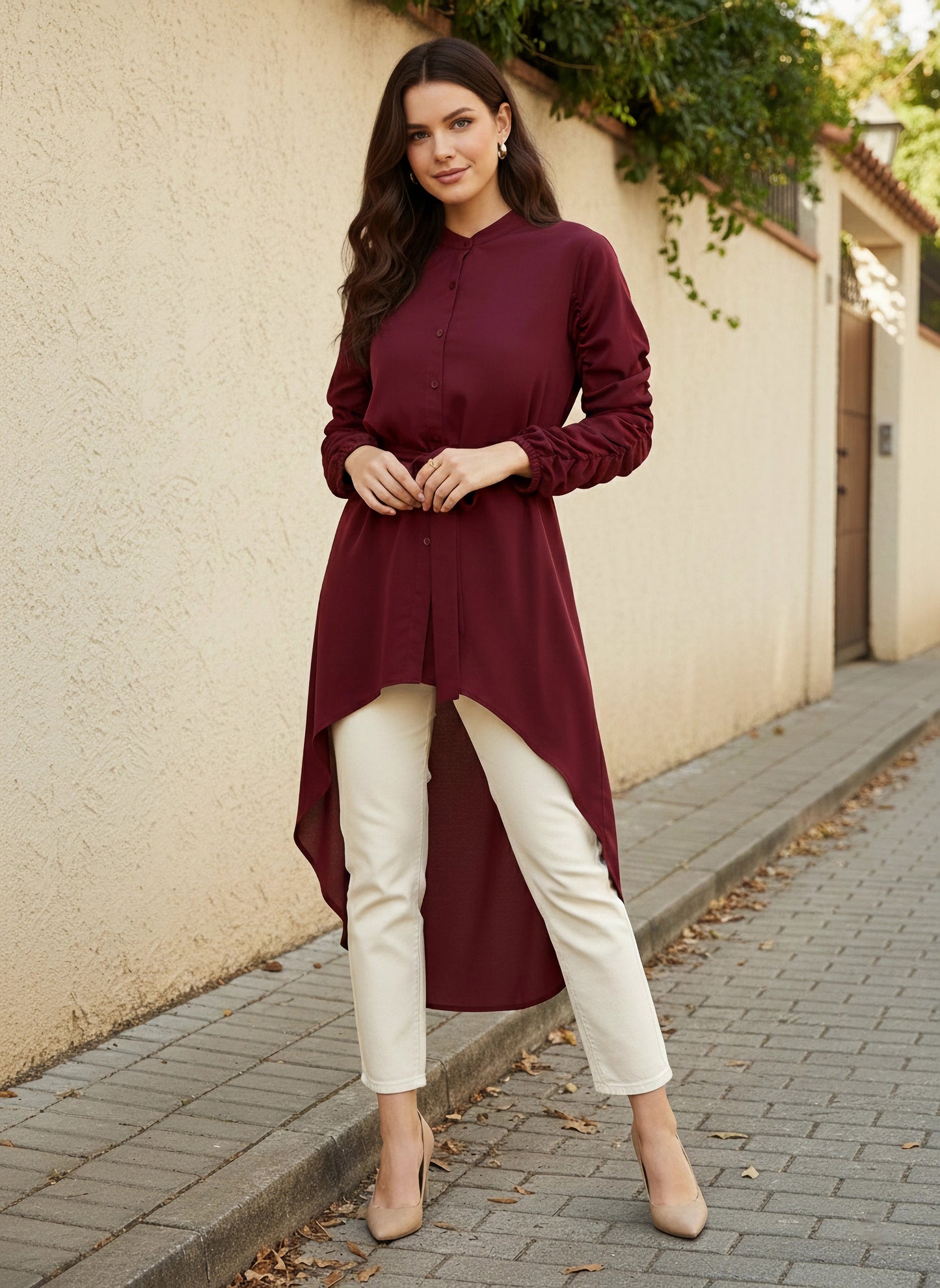 Solid Maroon Stand Collar Neck Bishop Sleeves Tie-Up Waist Front Button-Up High-Low Hem Pleated Longline Top