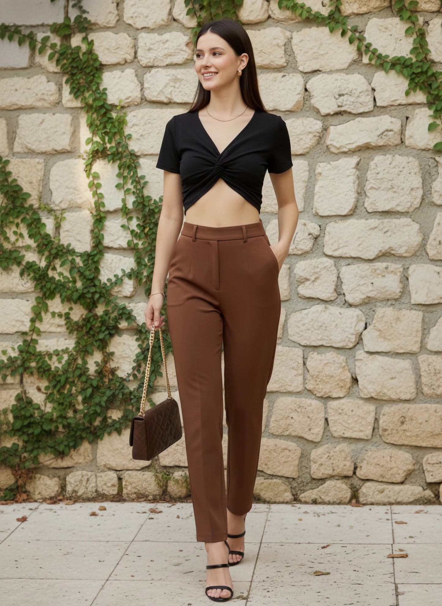 Solid Black V-Neck Short Sleeves Twisted Front High-Low Hem Knitted Crop Top