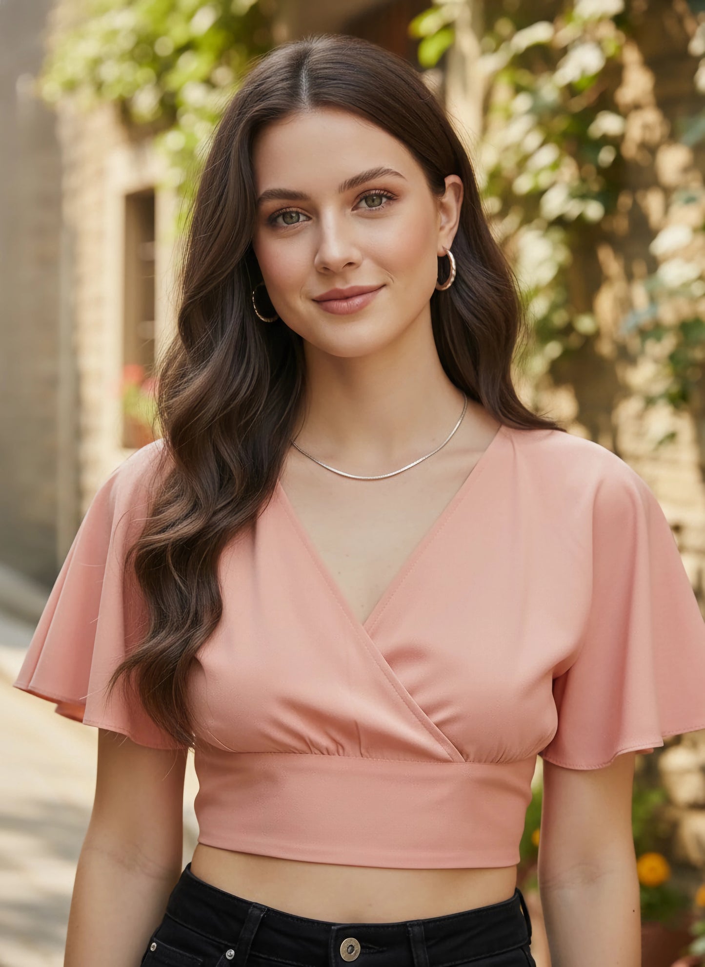 Berrylush Women Solid Pink V-Neck Cropped Wrap Top