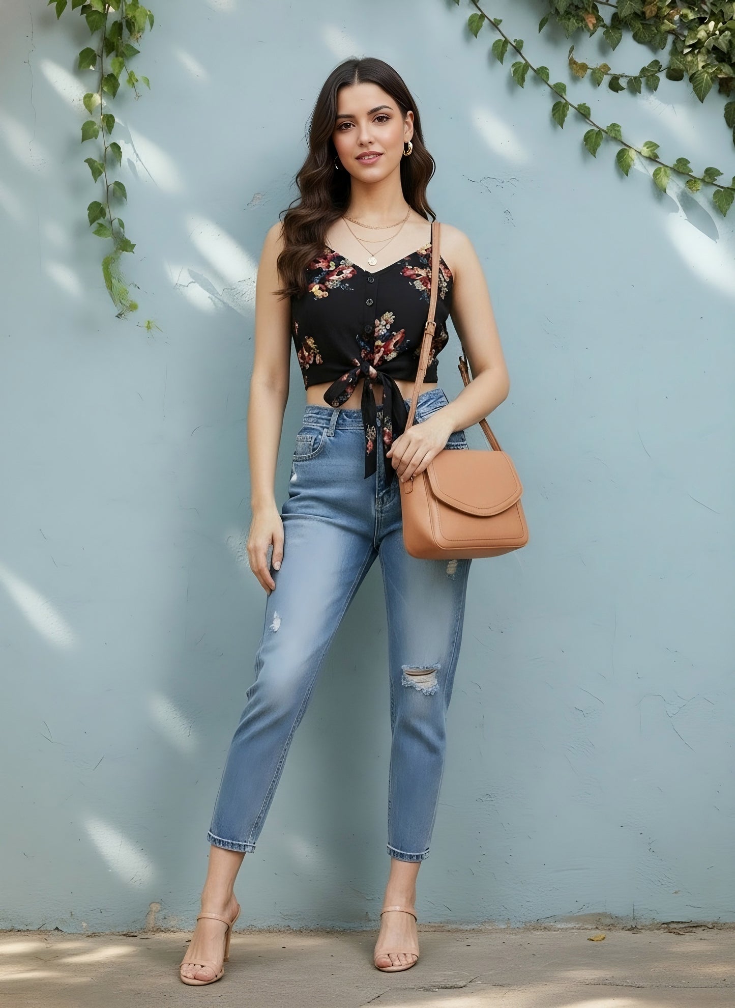 Berrylush Women Black & Red Floral Printed Tie-Up Crop Top