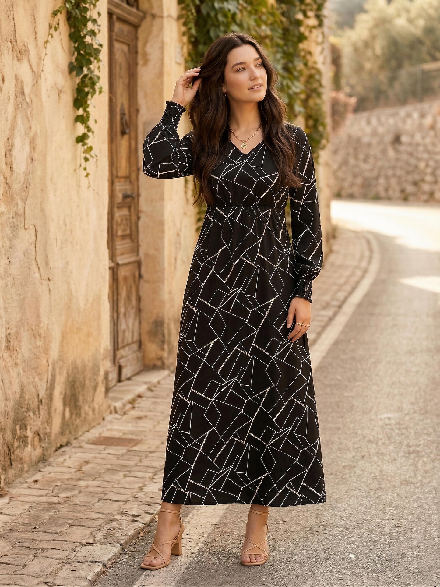 Black & White Geometric Printed V-Neck Bishop Sleeves Flared A-Line Maxi Dress