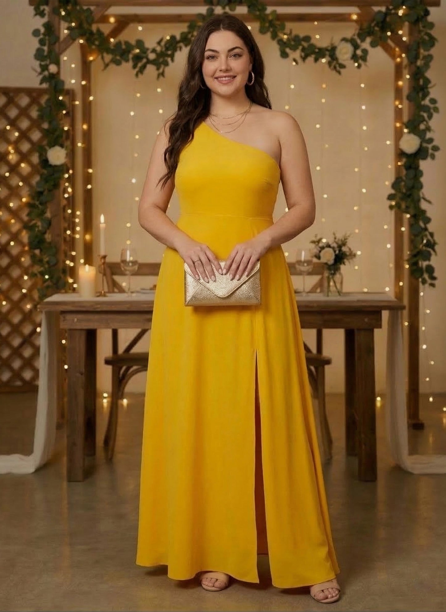 Women Plus Size Solid Yellow One-Shoulder Neck Crepe Thigh-High Slit Flared Maxi Dress - Berrylush Women Plus Size Solid Yellow One-Shoulder Neck Crepe Thigh-High Slit Flared Maxi Dress - Berrylush