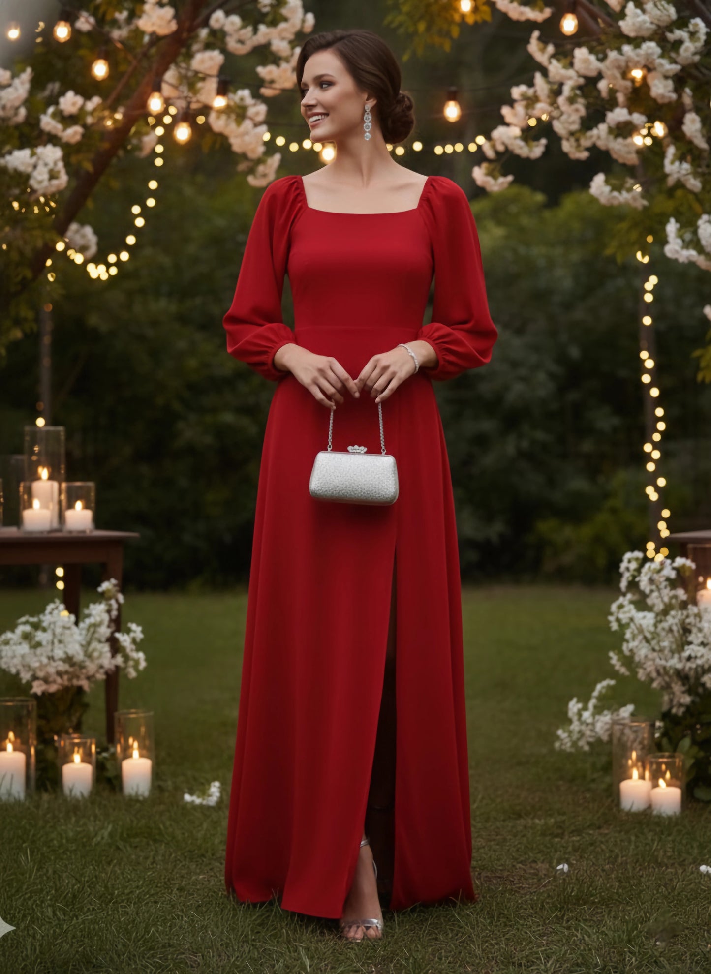 Berrylush Women Solid Red Square-Neck Thigh-Slit Maxi Dress