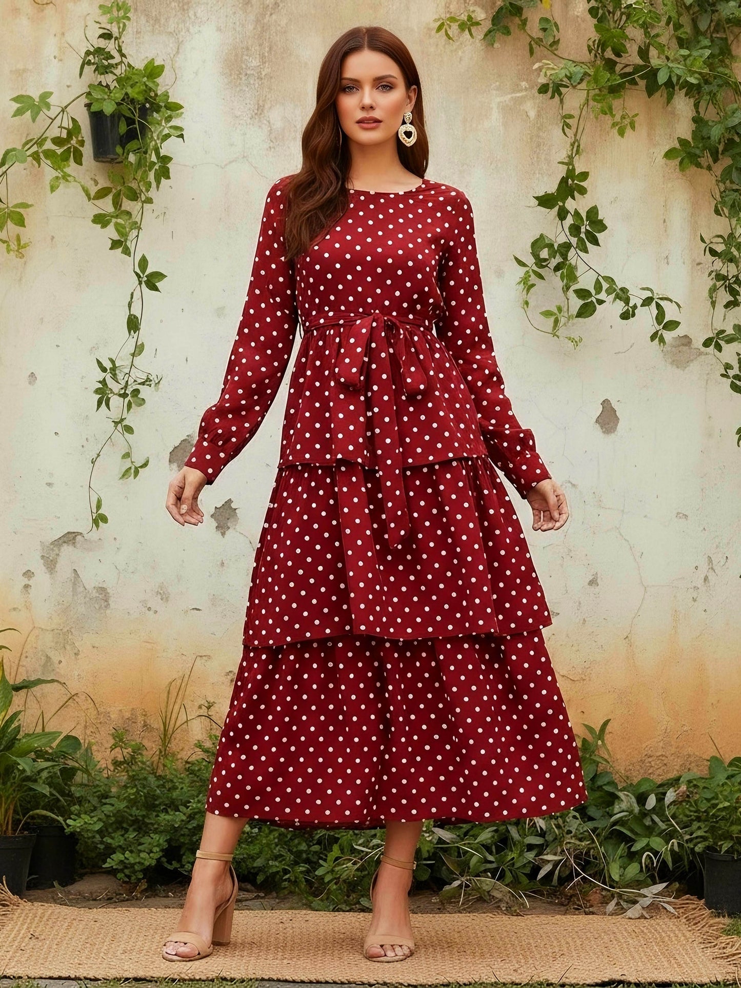 Berrylush Women Red Polka Dot Printed Round-Neck Tiered Fit & Flare Maxi Dress