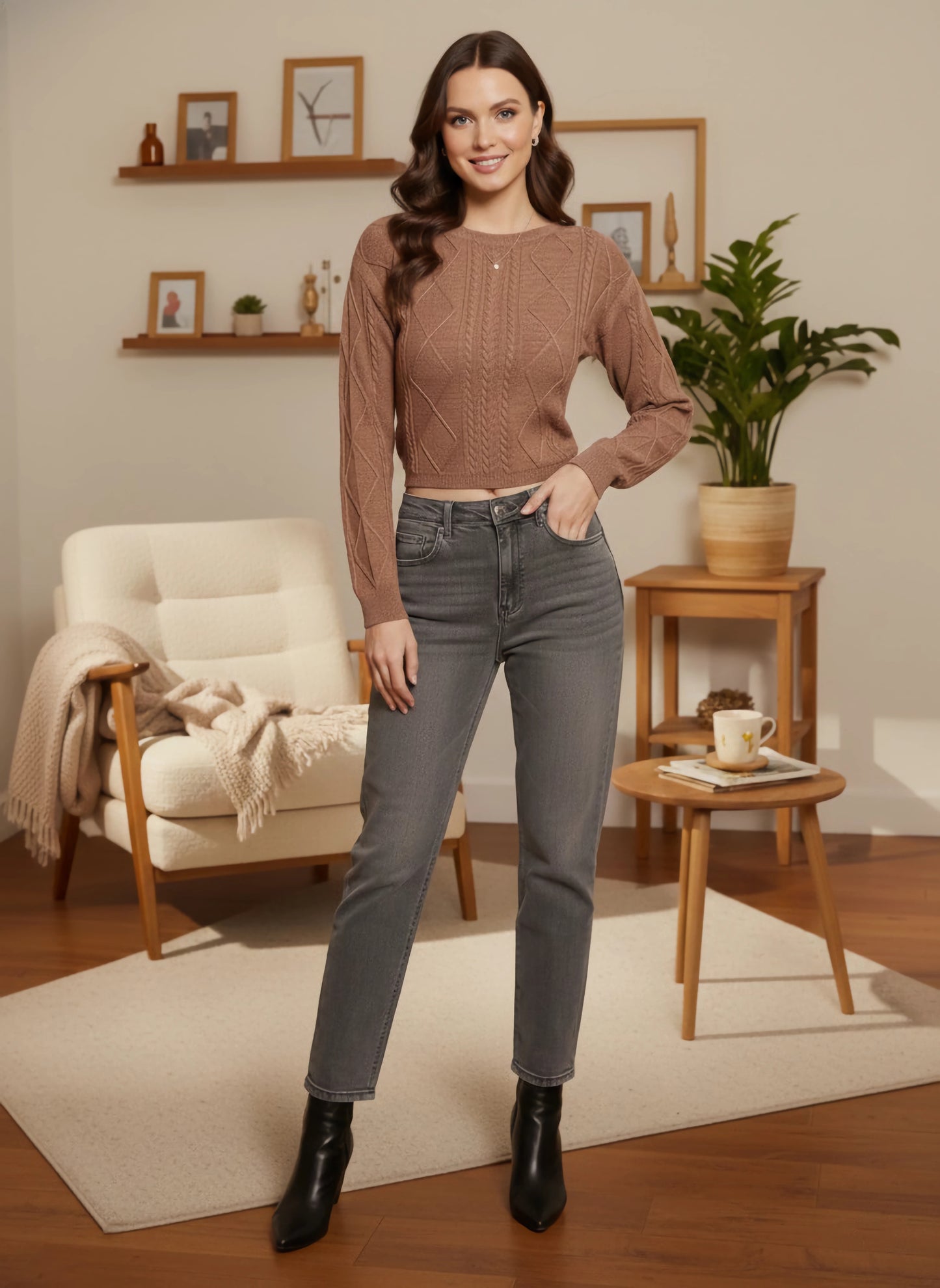 Berrylush Women Solid Brown Round Neck Acrylic Back Tie-Up Ribbed Hem Cable Knitted Crop Sweater