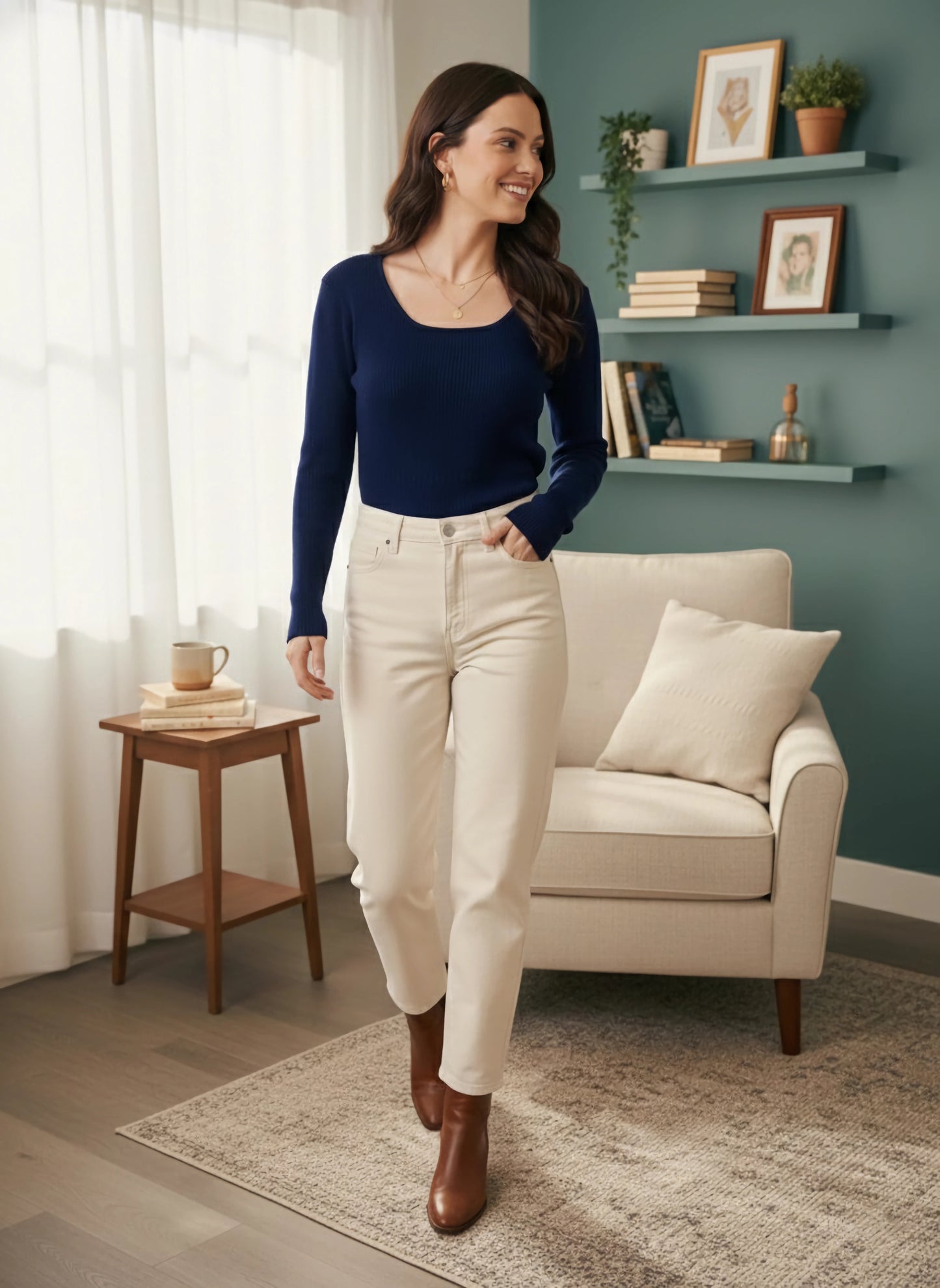 Berrylush Women Solid Navy Blue Scoop Neck Acrylic Ribbed Hem Knitted Regular Sweater