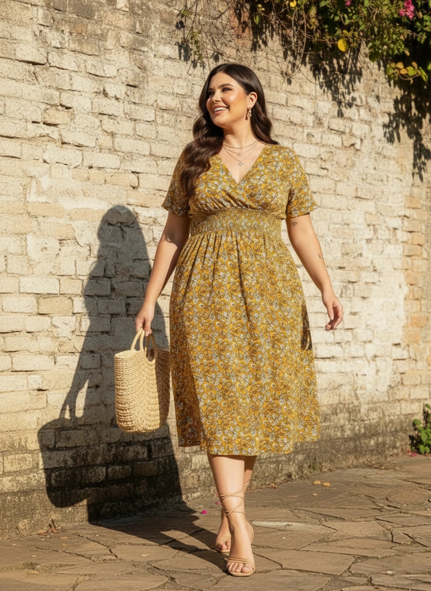 Curve Mustard Yellow & White Floral Printed V-Neck Short Sleeves Wrap Smocked Fit & Flare Midi Dress