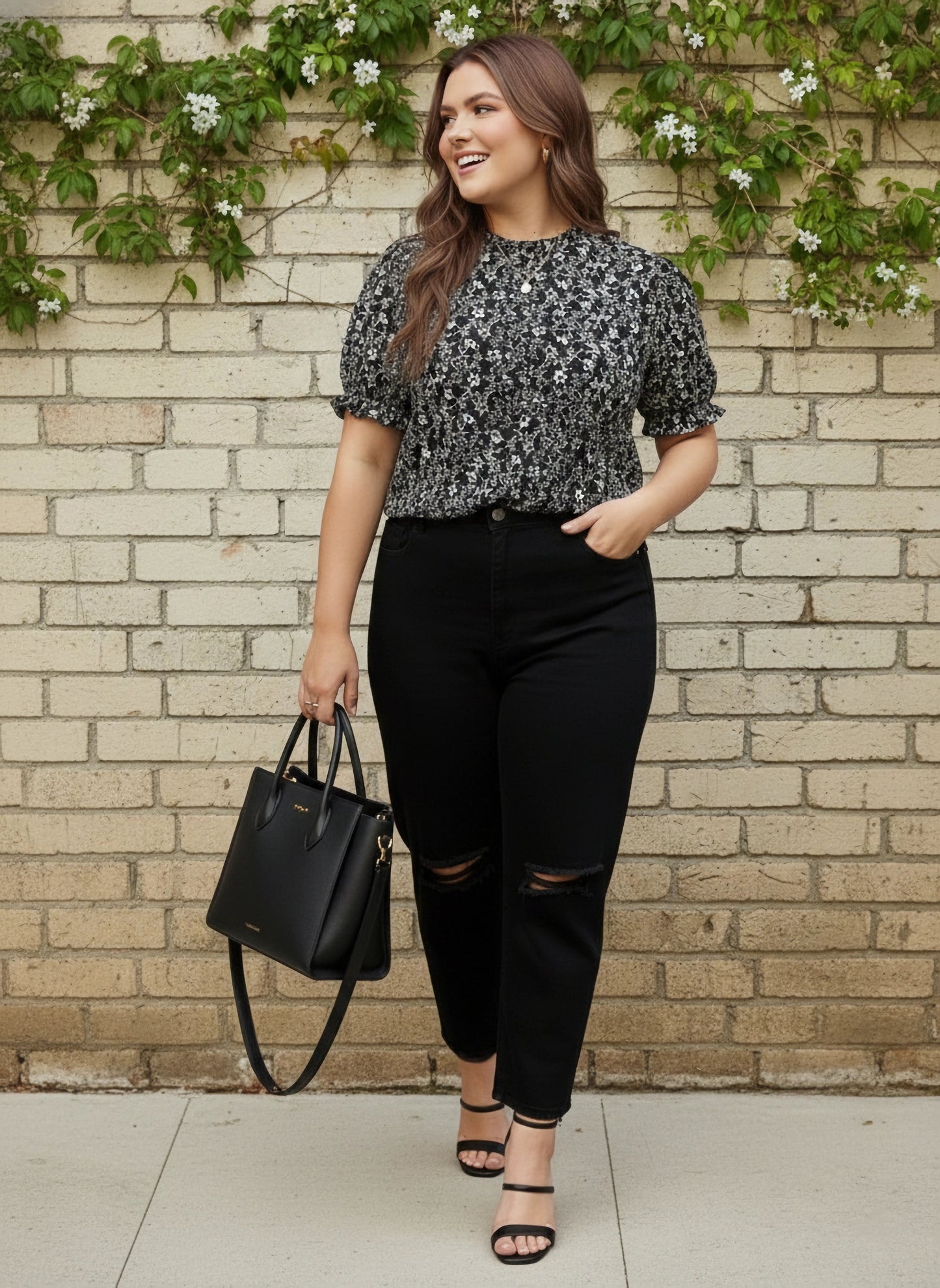 Berrylush Women Plus Size Black & White Floral Printed Round Neck Crepe Pleated Regular Top