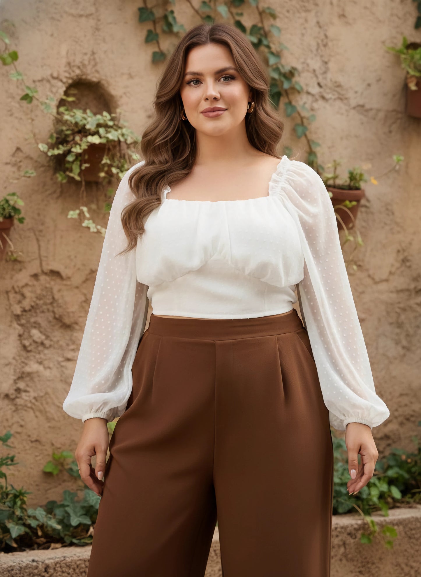 Berrylush Curve Women Solid White Dobby Weave Sweetheart Neck Puff Sleeves Smocked Crop Top